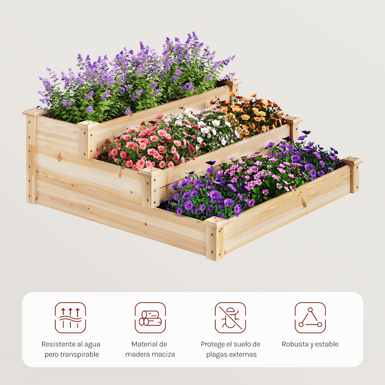 WOLTU Huerto Urbano de 3 Niveles, Jardinera de Madera, Huerto Elevado para Verduras Frutas y Flores, Diseño de Escalera, Jardinera Exterior para Patio Terraza Balcón Jardín, 92x92x35 cm