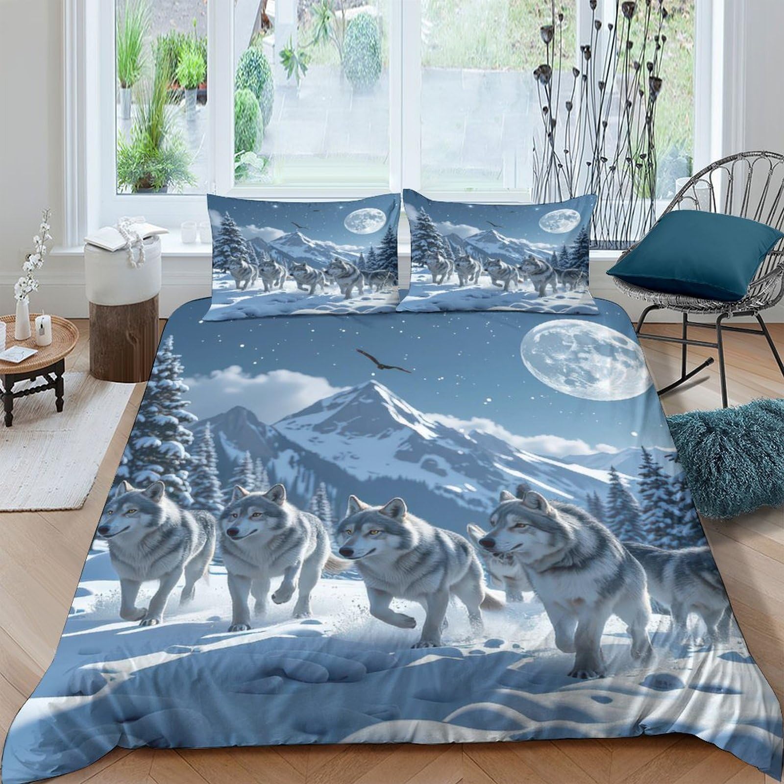 Ctjqhvkz Style-1 3D Printed Wolf Moon Fitted Sheet Microfiber Blue Animal Mountain Bed Cover For Bedroom Dorm Mattress Decor Single（135X200cm）