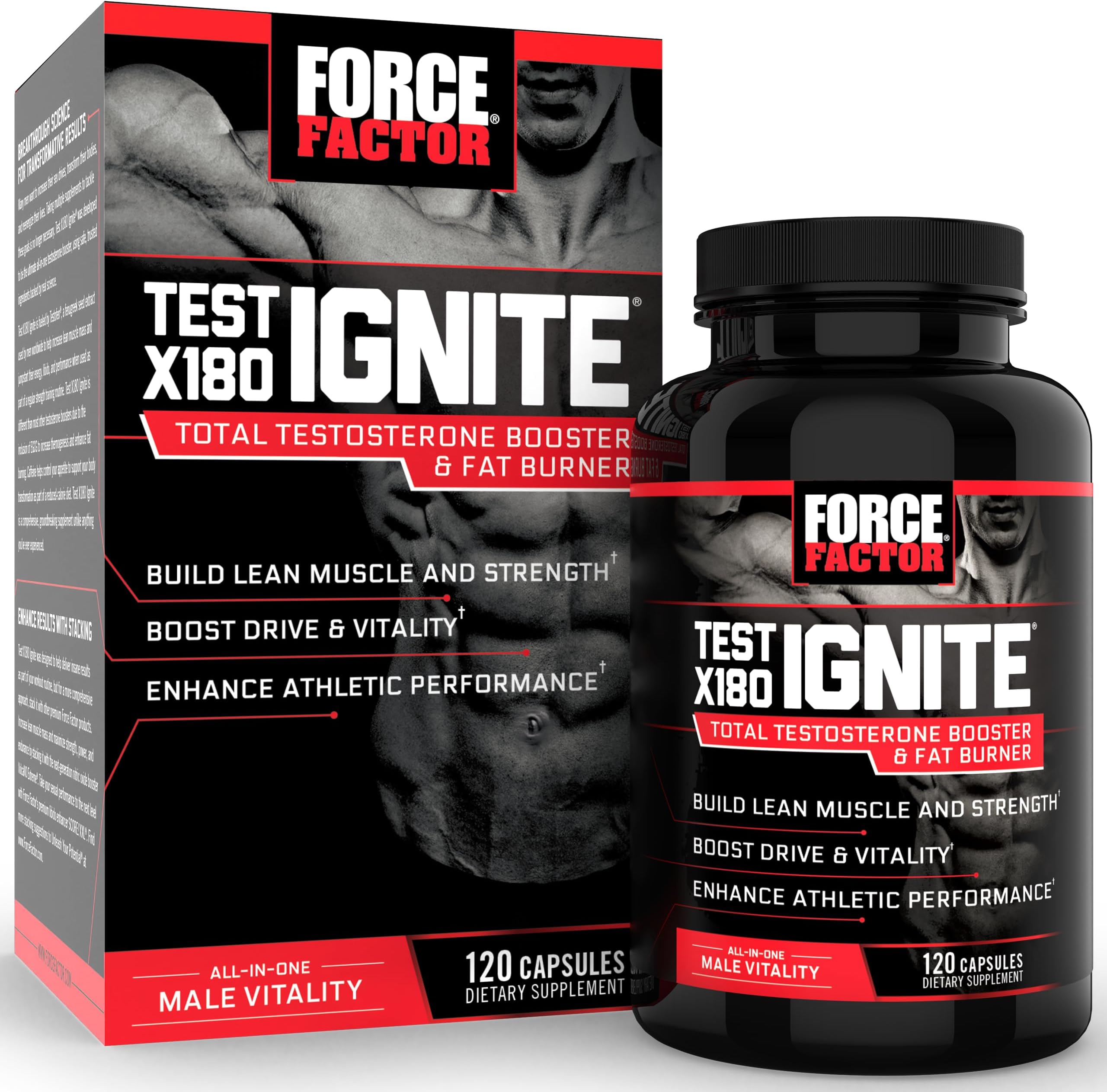 Force Factor Test X180 Ignite Total Testosterone Booster for Men with Fenugreek Seed and Green Tea Extract to Build Lean Muscle, Boost Energy, and Improve Performance, 120 Count
