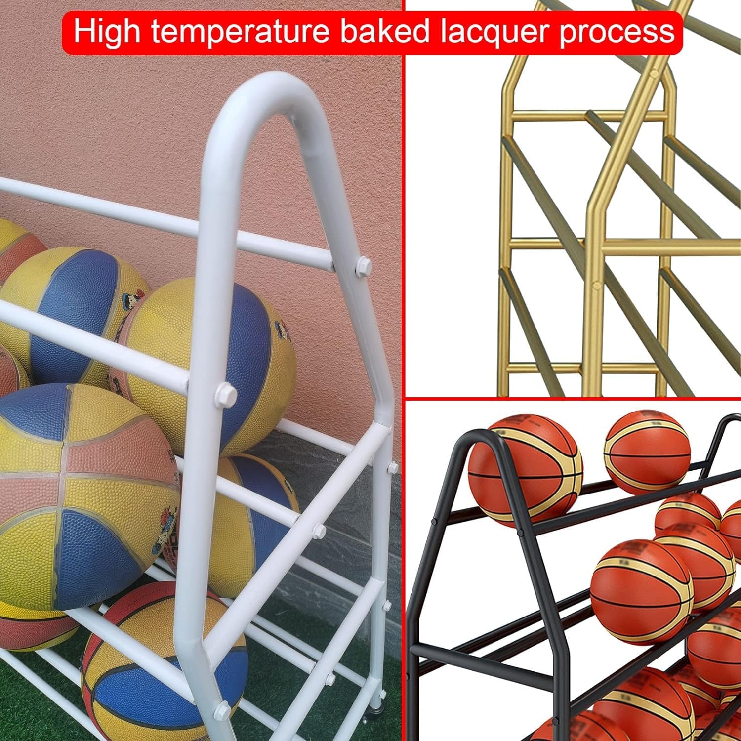4-poziomowy stalowy stojak na piłki z kółkami – przechowywanie sprzętu sportowego do koszykówki, piłki nożnej i nie tylko, regulowana wysokość (82 cm) stojak na bramkę