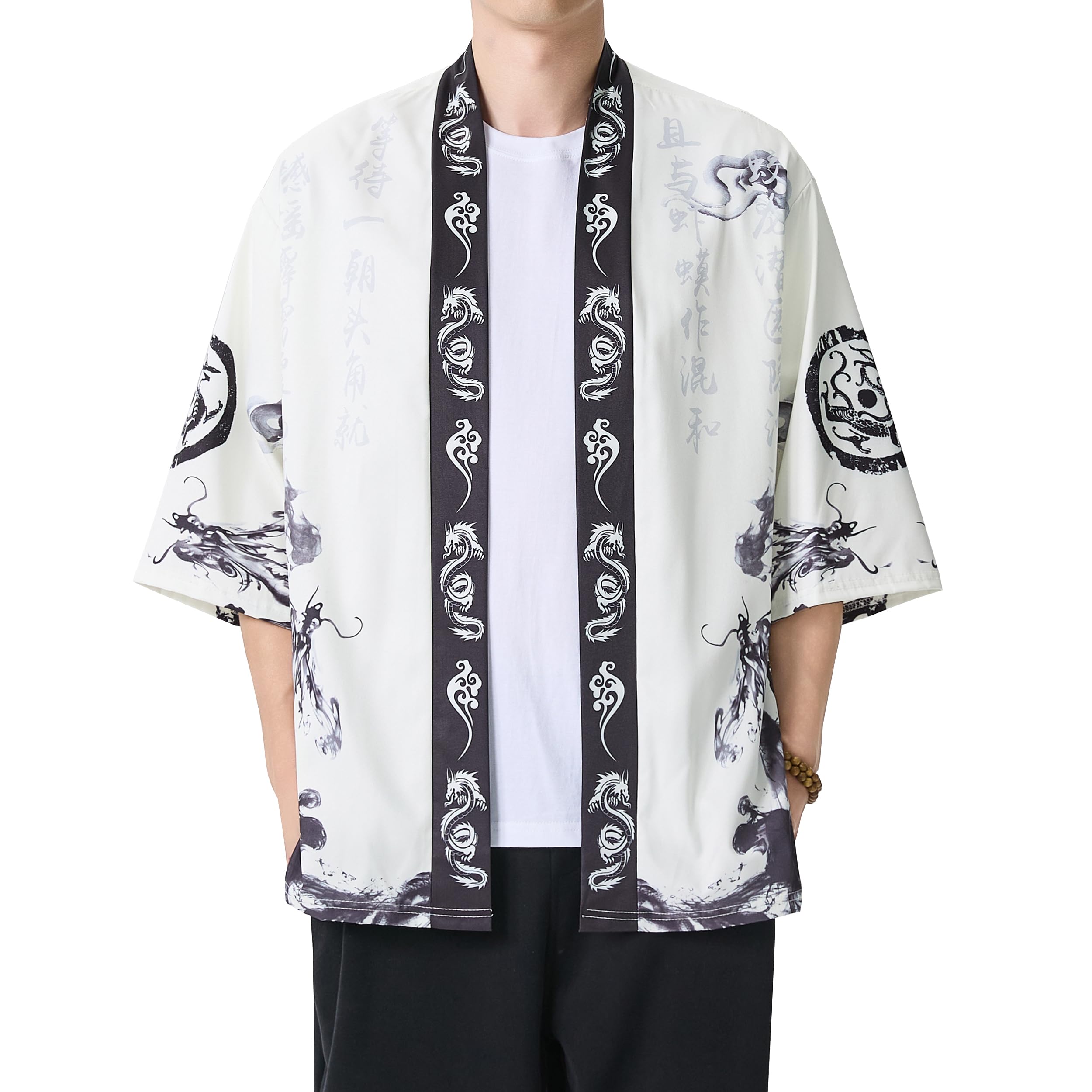 PRIJOUHE Men's Lightweight Kimono Jacket Seven Sleeve Open Front Cardigan Coat Japanese Style Bathrobe