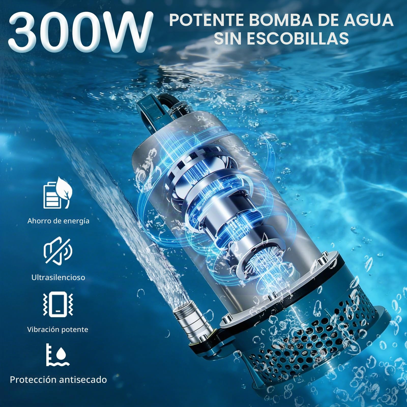 Bomba Sumergible, 5000 L/H Bomba de Agua Sumergible a Batería con Manguera de 10m, Cable de Conexión de 5m,Batería de 21V y Cargador, Ideal para Piscina, Cama de Agua, Riego de Jardines