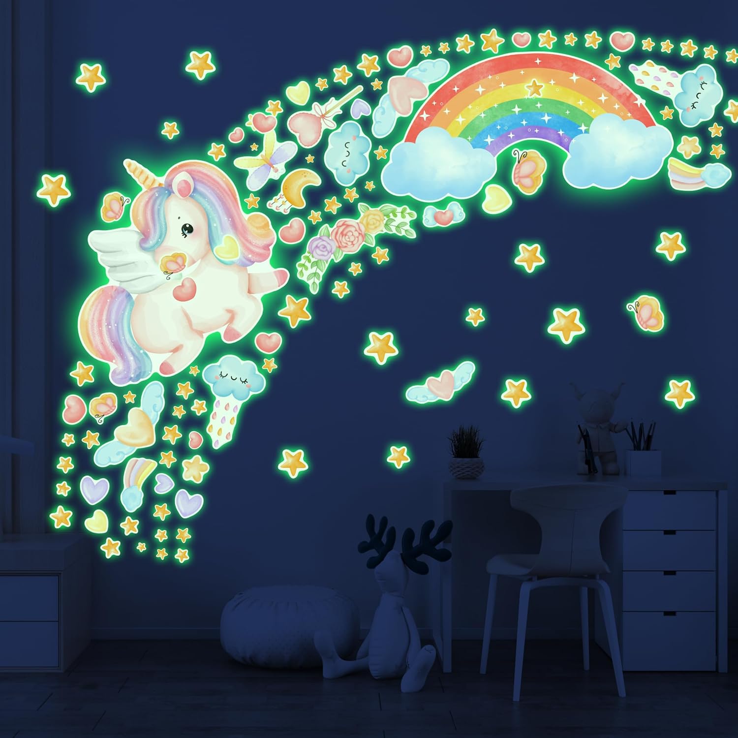 Large Unicorn and Rainbow Wall Decals Glow in The Dark, Cute Stars Stickers for Baby Girls Room, Luminous Ceiling Decor for Bedroom Playroom Nursery - Image 2
