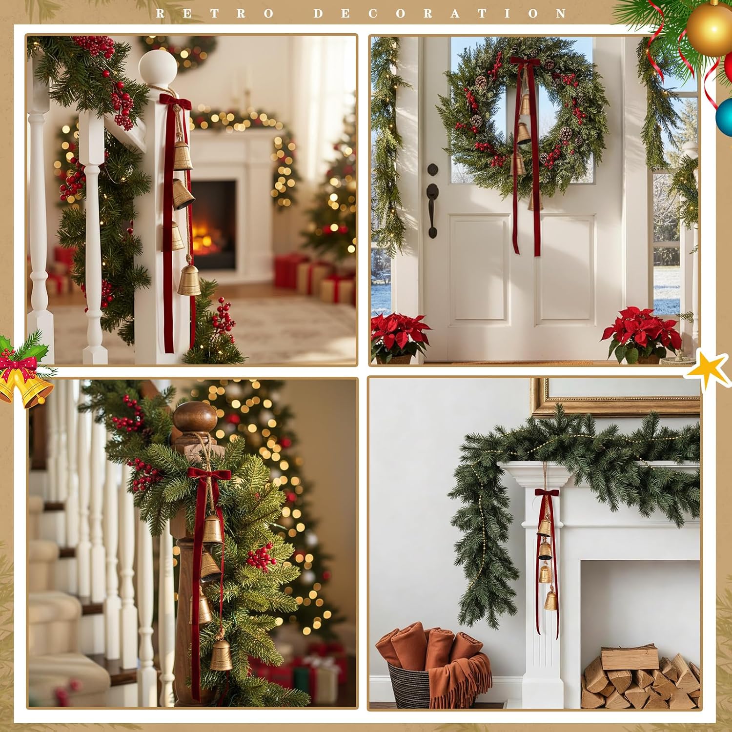 Civaner 1 Set Giant Christmas Bells with 30" Velvet Bow Xmas Tree Ornament Set of 4" x 3" x 29" Large Decorative Bell with Bow Jute Hanging Rope for Christmas Door Home DIY Craft (Burgundy,Classic)