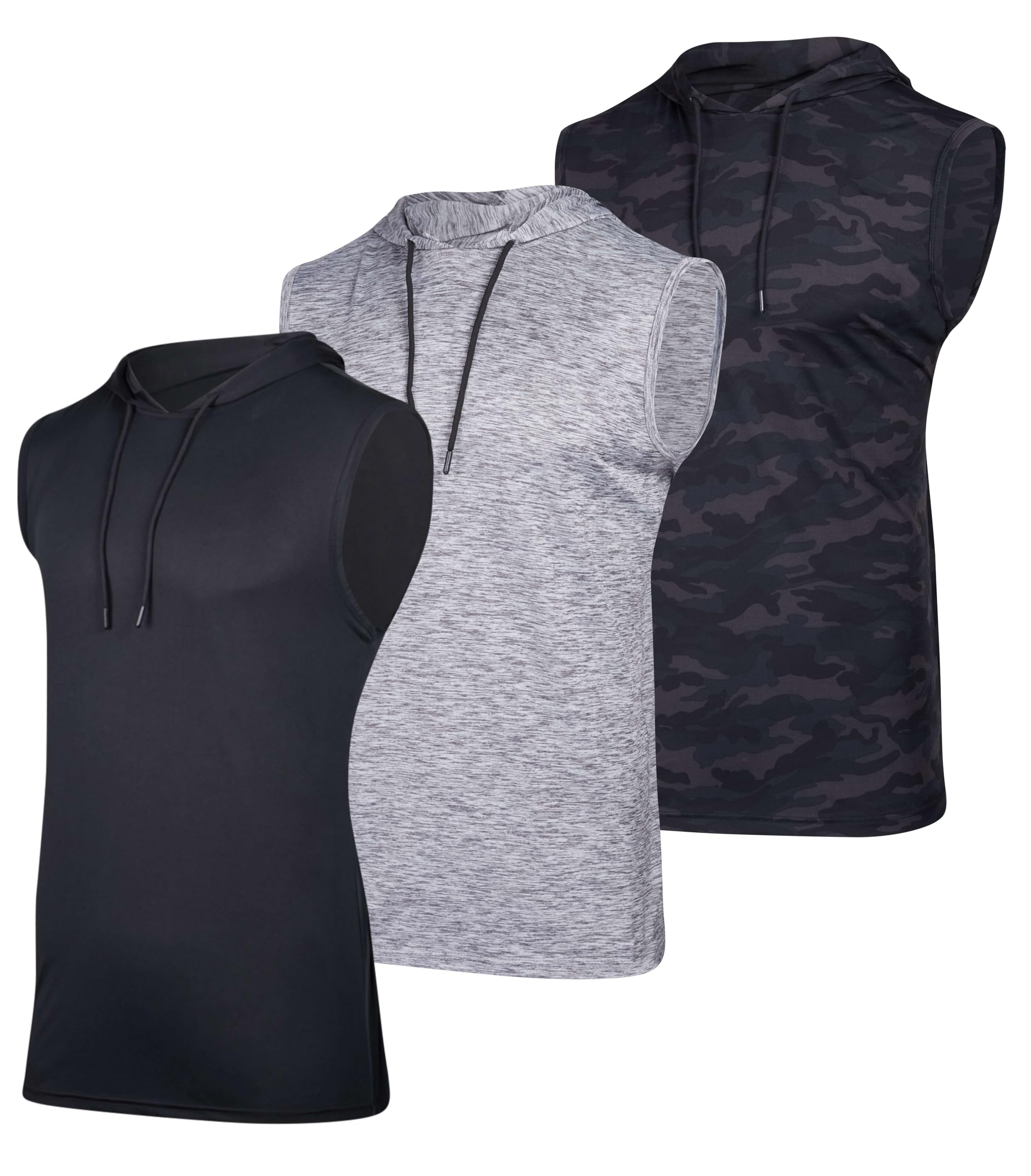 Real Essentials 3er Pack: Herren Dry Fit Active Hooded Tank Top – Workout Ärmellos Hoodie Kordelzug (erhältlich in Big & Tall)