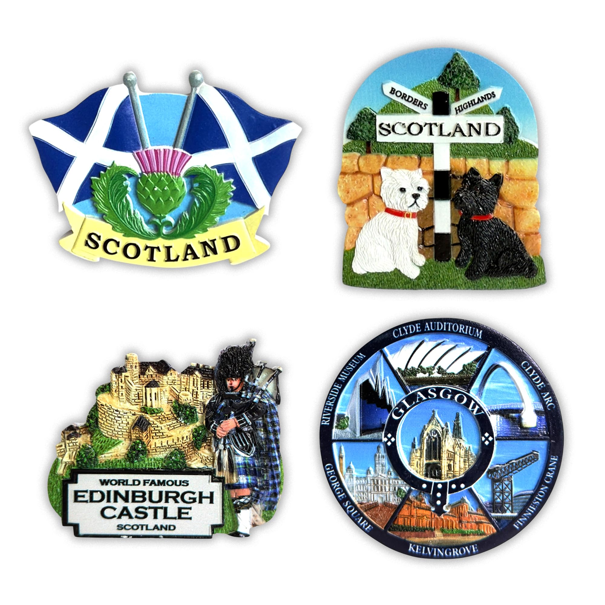 Sajak Multicolor Scotland Fridge Magnets Set Of 4 - Scottish Souvenir Pack With Edinburgh Castle, Westie Terrier Dogs, Bagpipes, Saltire Flag, Thistle, Piper, Glasgow Uk Travel Gift, Resin Kitchen Decoration