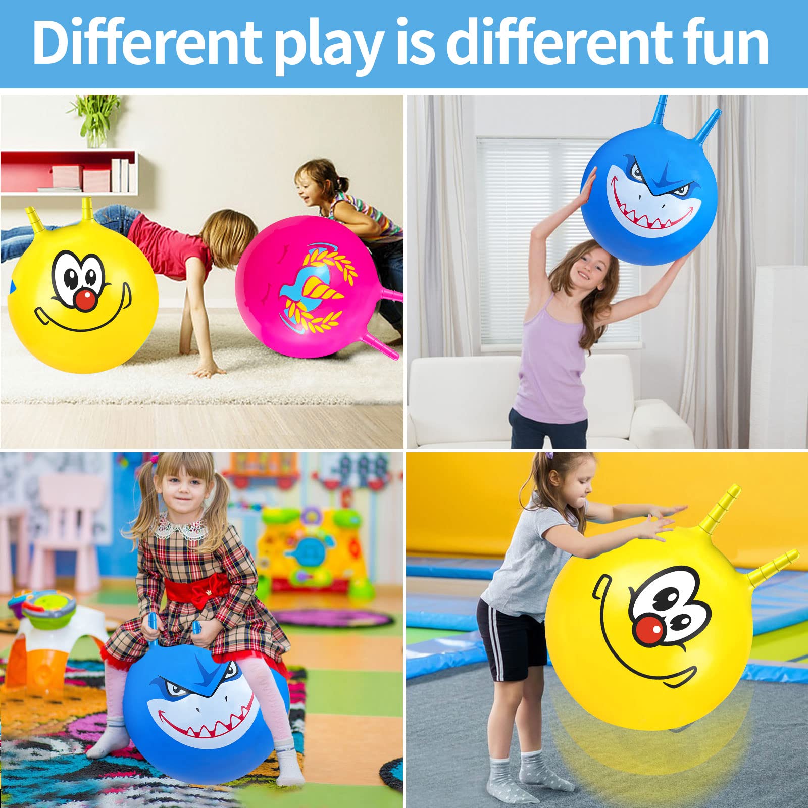 3 bolas de tolva, bola inflable con mango y bomba para niños, bolas inflables de 18 pulgadas para deportes al aire libre en interiores y juegos de salto de equilibrio (amarillo+rosa + azul)