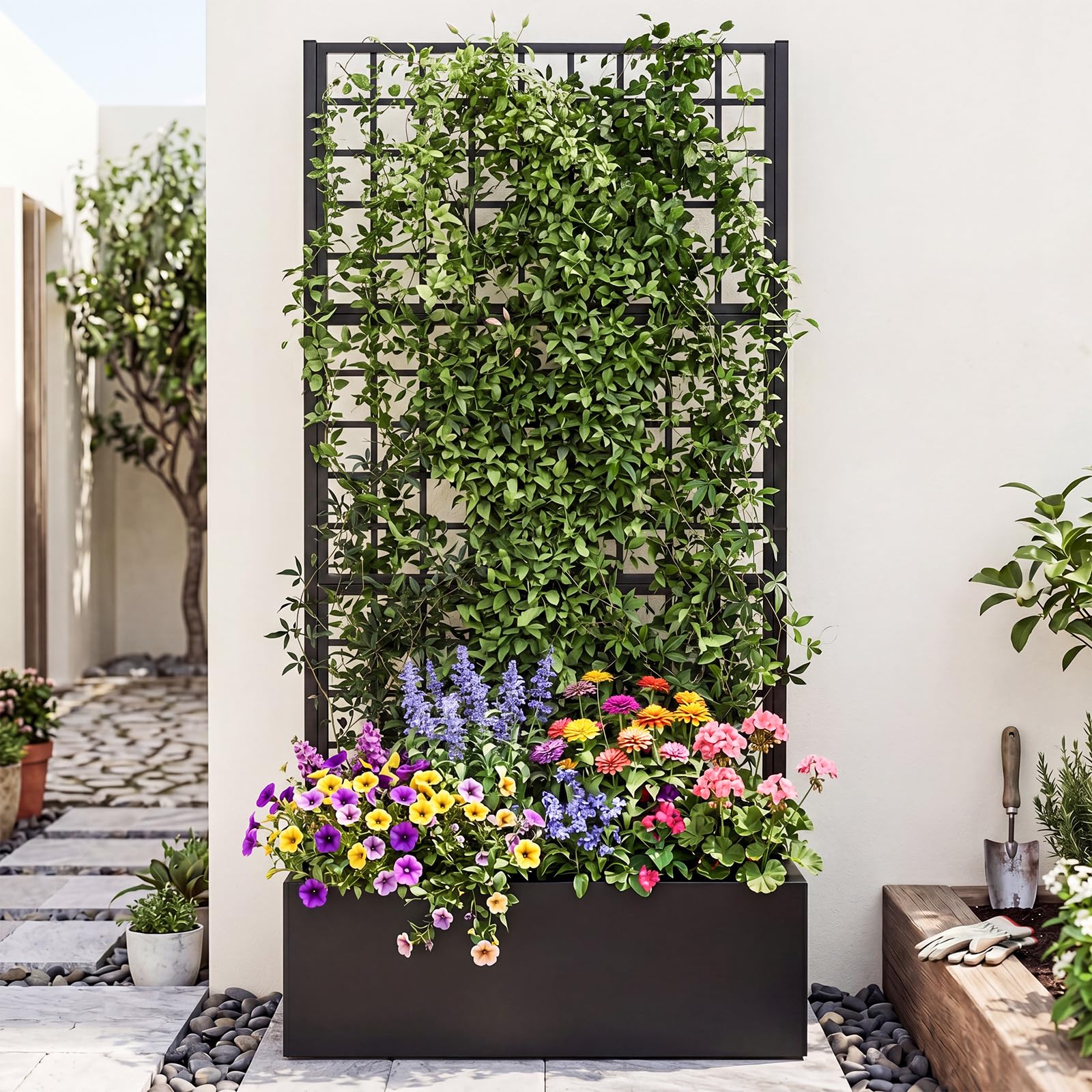 COSTWAY Blumenkasten mit Rankgitter, Pflanzkasten aus verzinktem Metall | Pflanzkübel Sichtschutz, Hochbeet mit Spalier & Abflusslöchern, Rankhilfe für Kletterpflanzen Garten Terrasse, 180,5 cm hoch