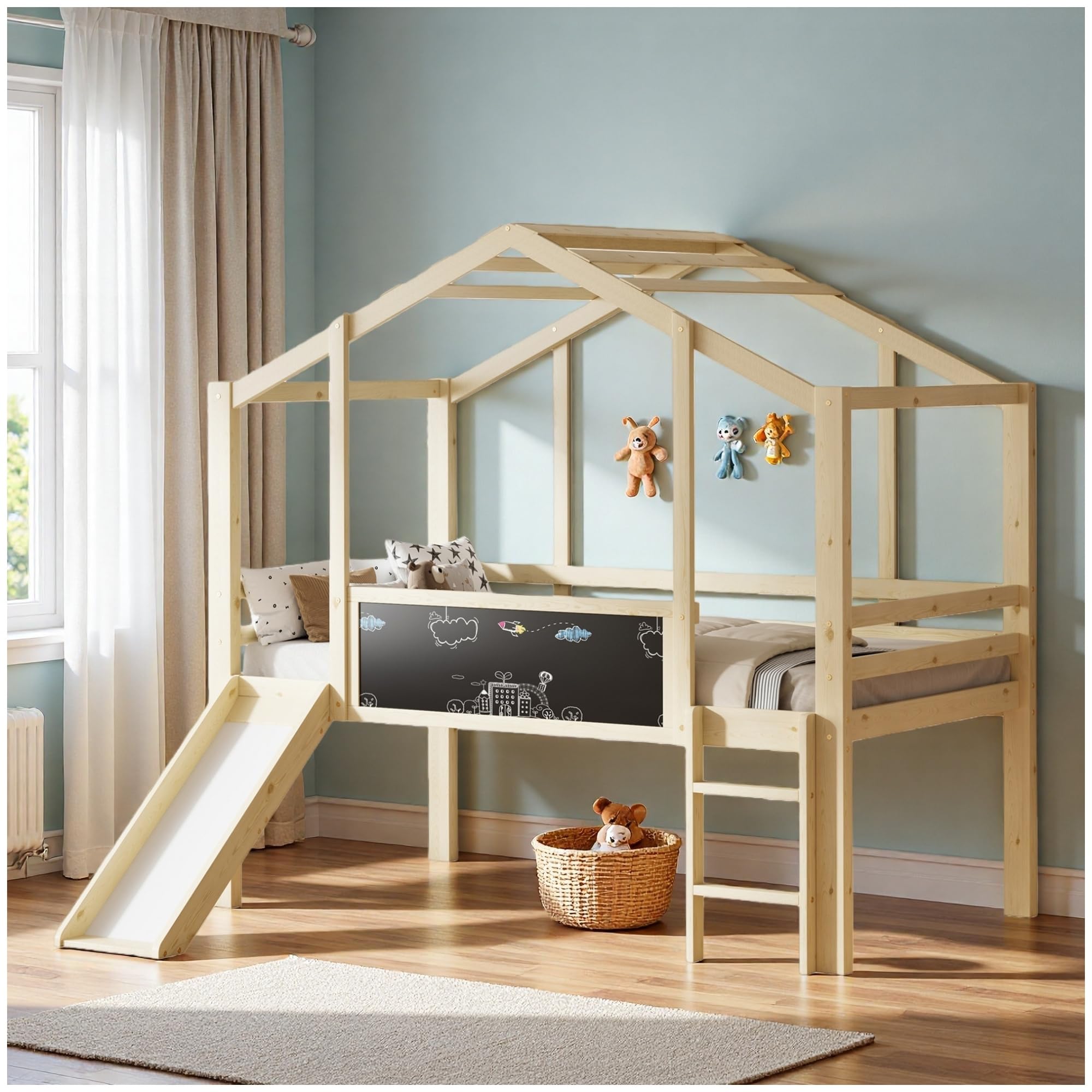 Cama infantil de 90 x 200 cm con escalera y tobogán, con pizarra, diseño de casita, cama alta de madera maciza (sin colchón) (natural)