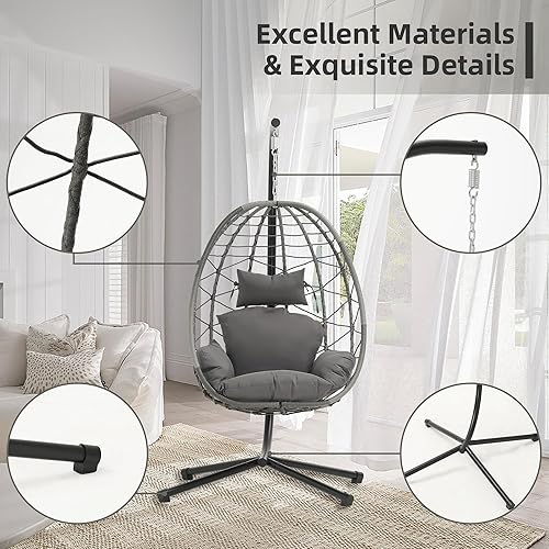 Miniatura 4 de DoubleTT Silla de huevo con soporte, silla colgante, cesta nido, resistente a los rayos UV, cojines extraíbles y lavables, capacidad de 350 libras