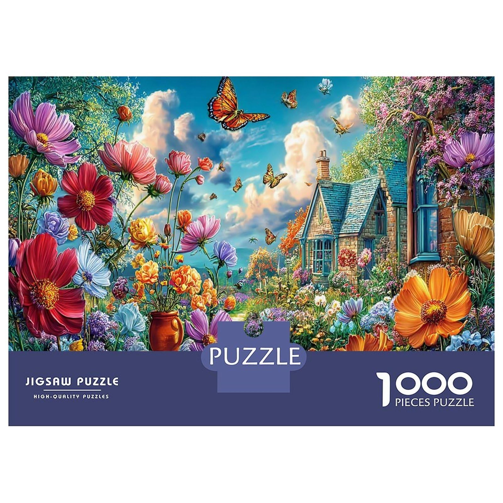 Butterflies in Floral Cottage 1000 Pieces Jigsaw Puzzle Floral Art Premium Jigsaw Puzzle Premium Cardstock Senior Enthusiasts Concentration Training Housewarming Gift Indoor Leisure 52x38cm/1000pcs