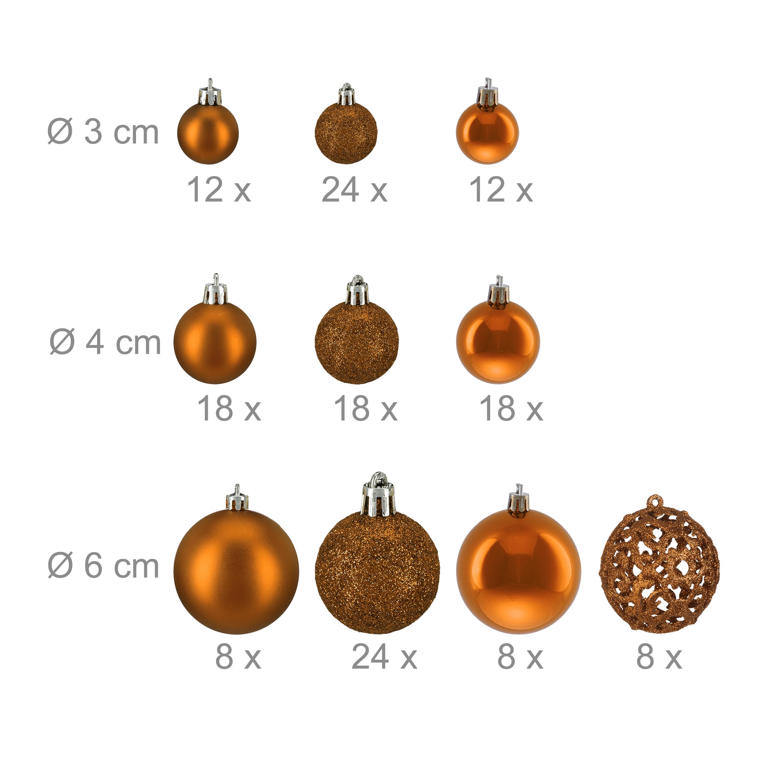 Relaxdays 150x Boules de Noël, Paillettes, Mates, Brillantes, déco Sapin, Plastique, diamètre 3, 4 et 6 cm, Orange