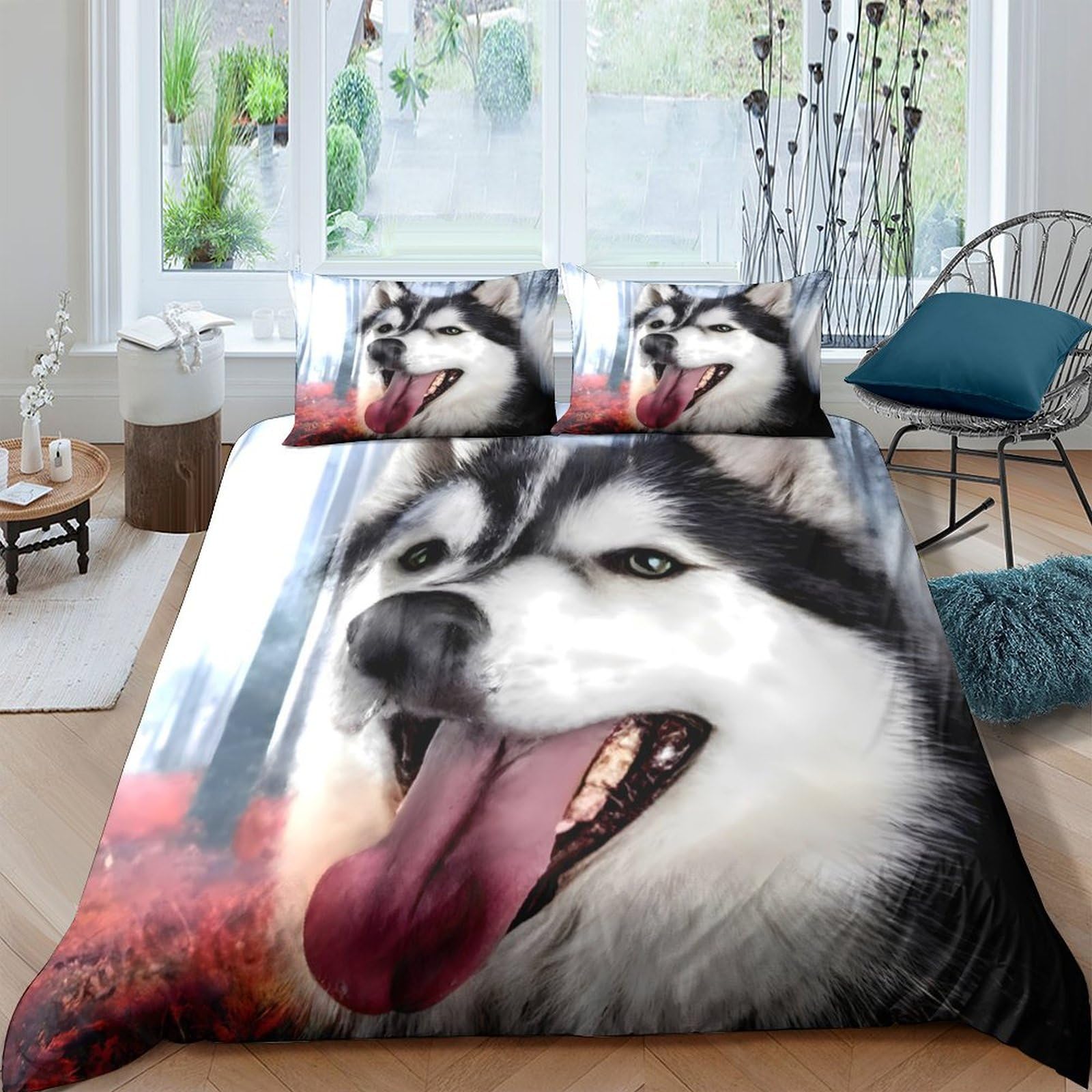 TUFRTGYHN 3D Printed Husky Dog Duvet Cover Microfiber Soft Breathable Animal Bedding Set with 2 Pillowcases for Bedroom Decor Single（135x200cm）