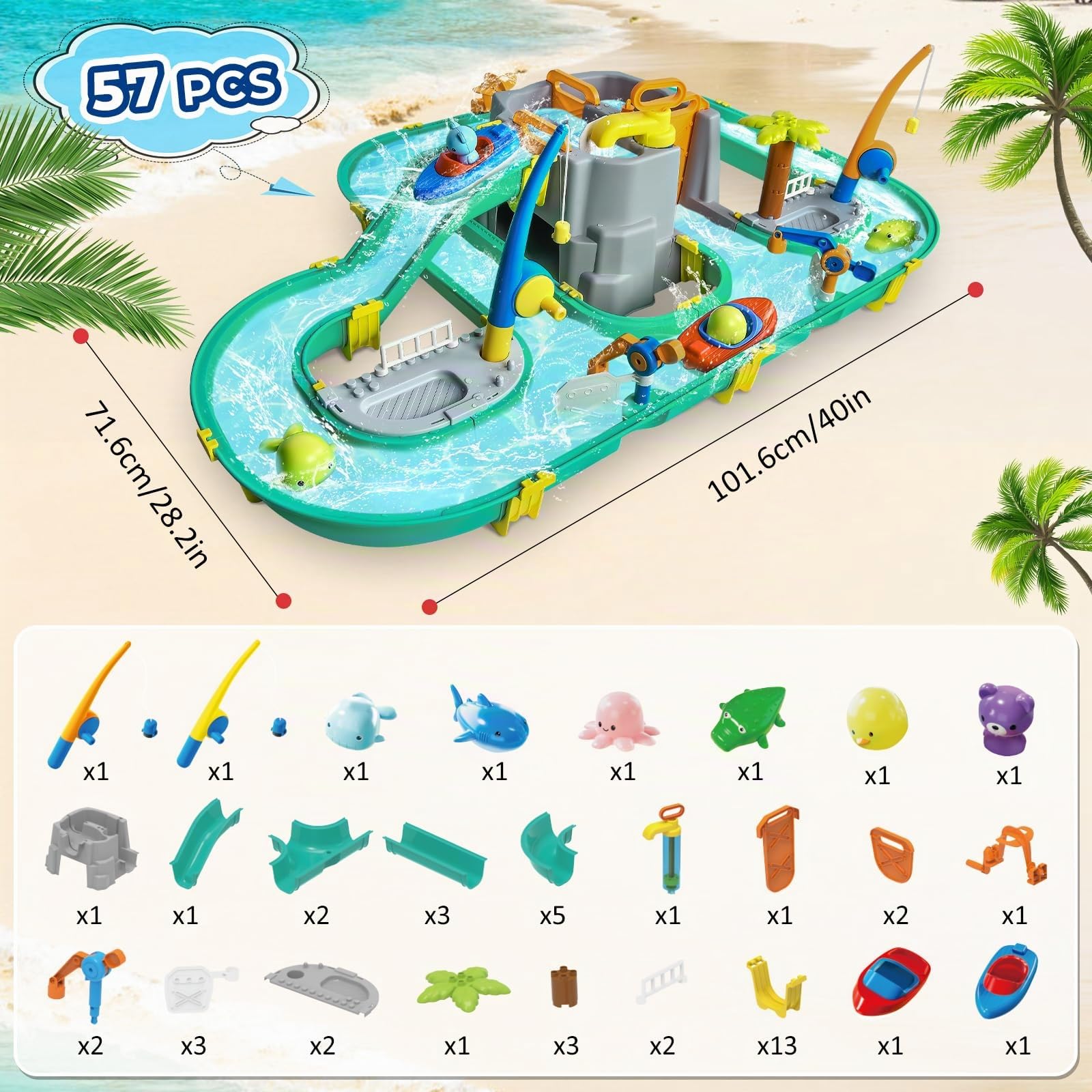 JONRRYIN Wassertisch Spielzeug, Wassertisch Kinder Draußen Spielzeug, Strandspielzeug Wasserbahn Set Wasserpark Spielset mit 2 Booten und Angelfunktion, Sommer Wasserspielzeug für Kinder 3+ Jahr