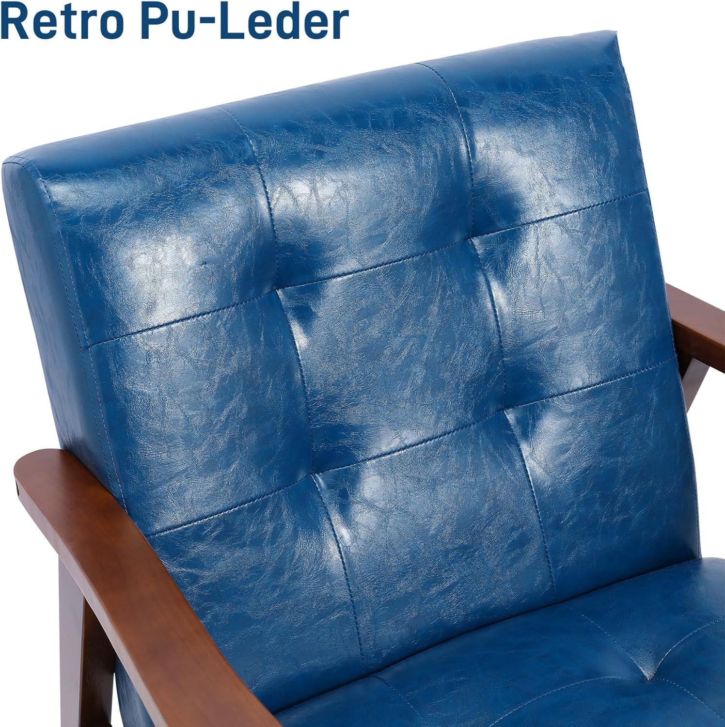 Sillón Retro de Madera Maciza para Salón - Tapizado con Reposabrazos, Marco Medieval - Diseño de Piel Sintética y Roble para Dormitorio, Café, Balcón(Azul)