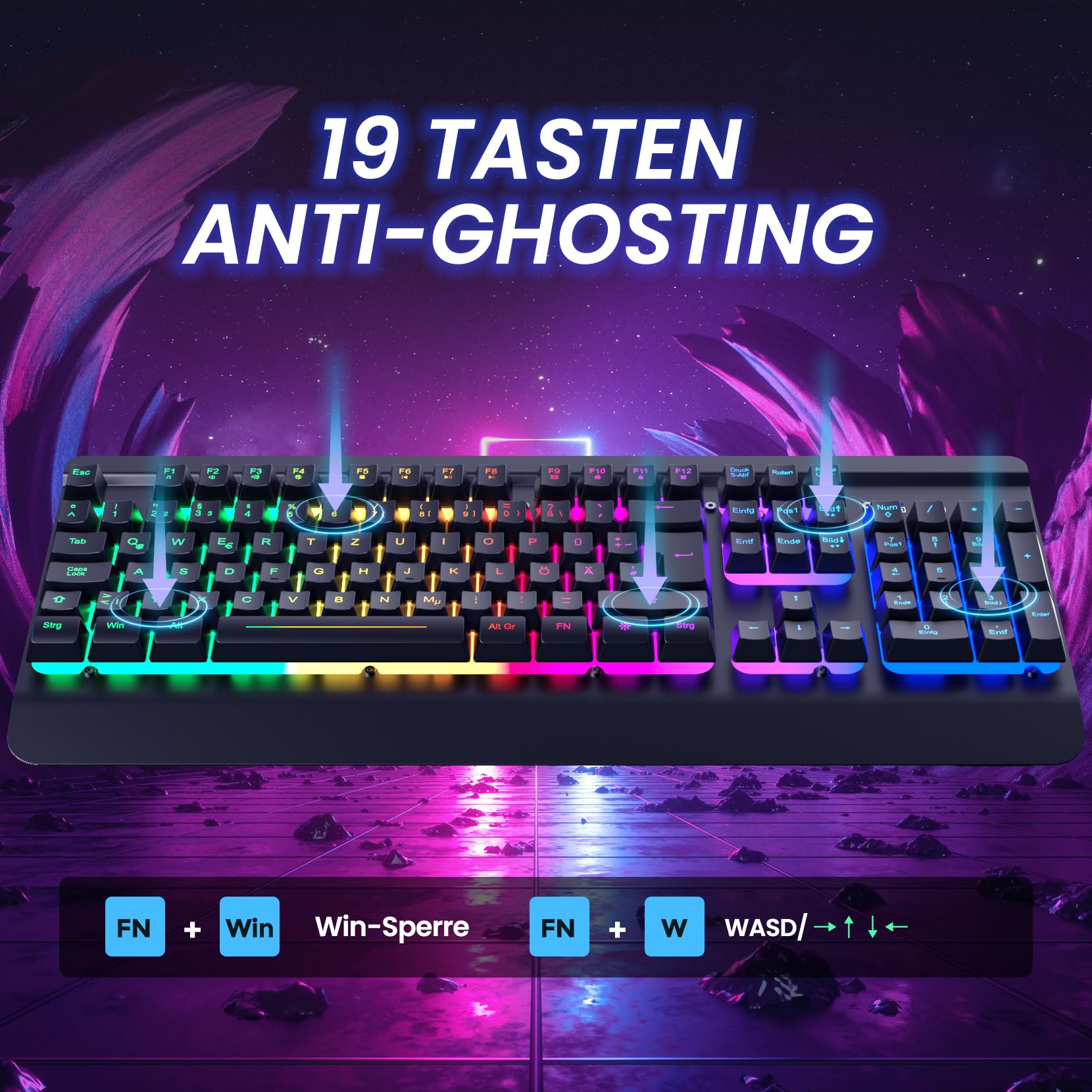 RisoPhy Gaming Tastatur, QWERTZ, Vollmetallgehäuse, Regenbogen-LED-Hintergrundbeleuchtung, Leise Computer Tastatur, Handballenauflage, Beleuchtet Tastatur mit Kabel USB für PC und Mac Gamer