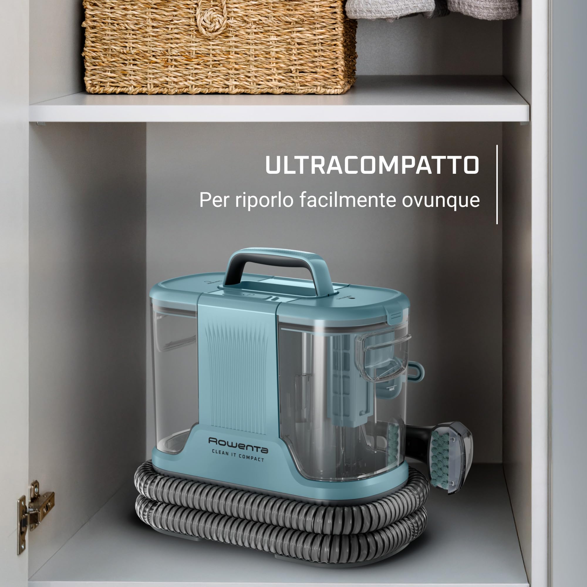Rowenta Clean It, Smacchiatore Portatile, Auto-Pulizia e Lunga Autonomia, Design Compatto, con Soluzione Detergente Universale, Colore Meaning Blue, IN3021