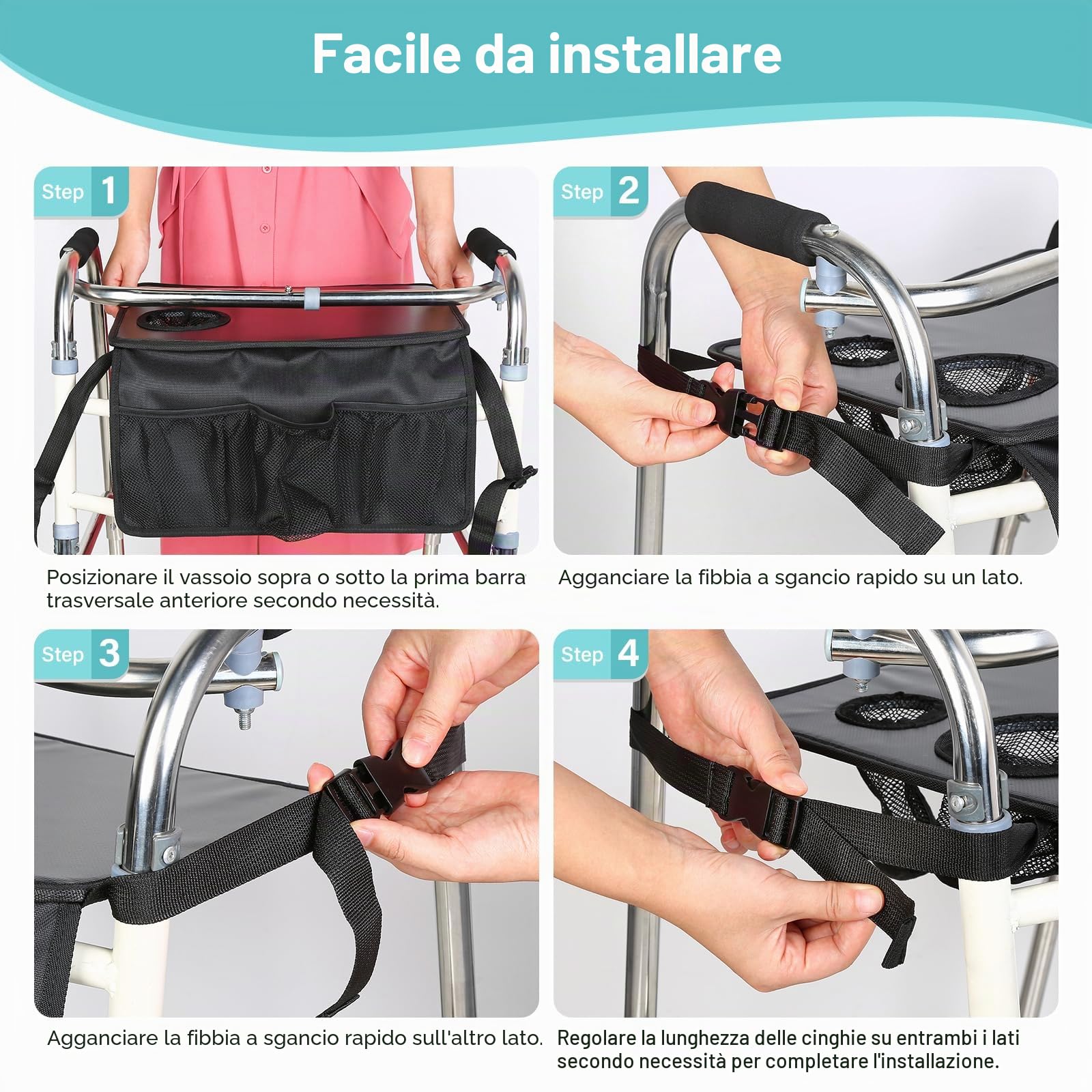 Vassoio per deambulatore pieghevole, vassoi per camminatori per anziani staccabile con portabicchieri, vassoi per deambulatori per camminatori pieghevoli, accessori per anziani