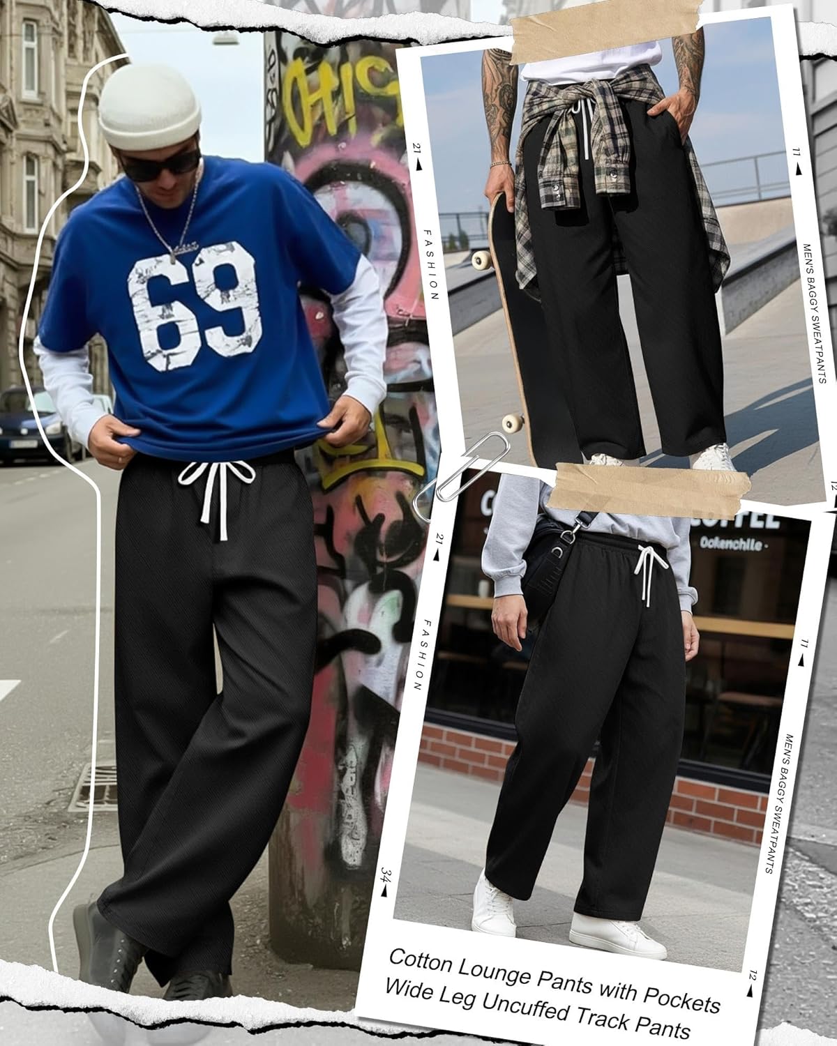 Men's Baggy Sweatpants Elastic Waist Drawstring Cotton Lounge Pants with Pockets Wide Leg Uncuffed Track Pants - Image 3