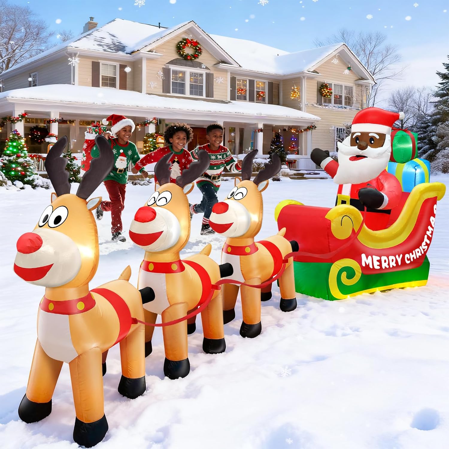 12 Ft Long Christmas Inflatable Black Santa Rides in a Sleigh Pulled by Three Reindeer with Gift Box, African American Christmas Decorations Built-in LED Lights Blow up Xmas Decor for Yard Lawn Garden - Image 4