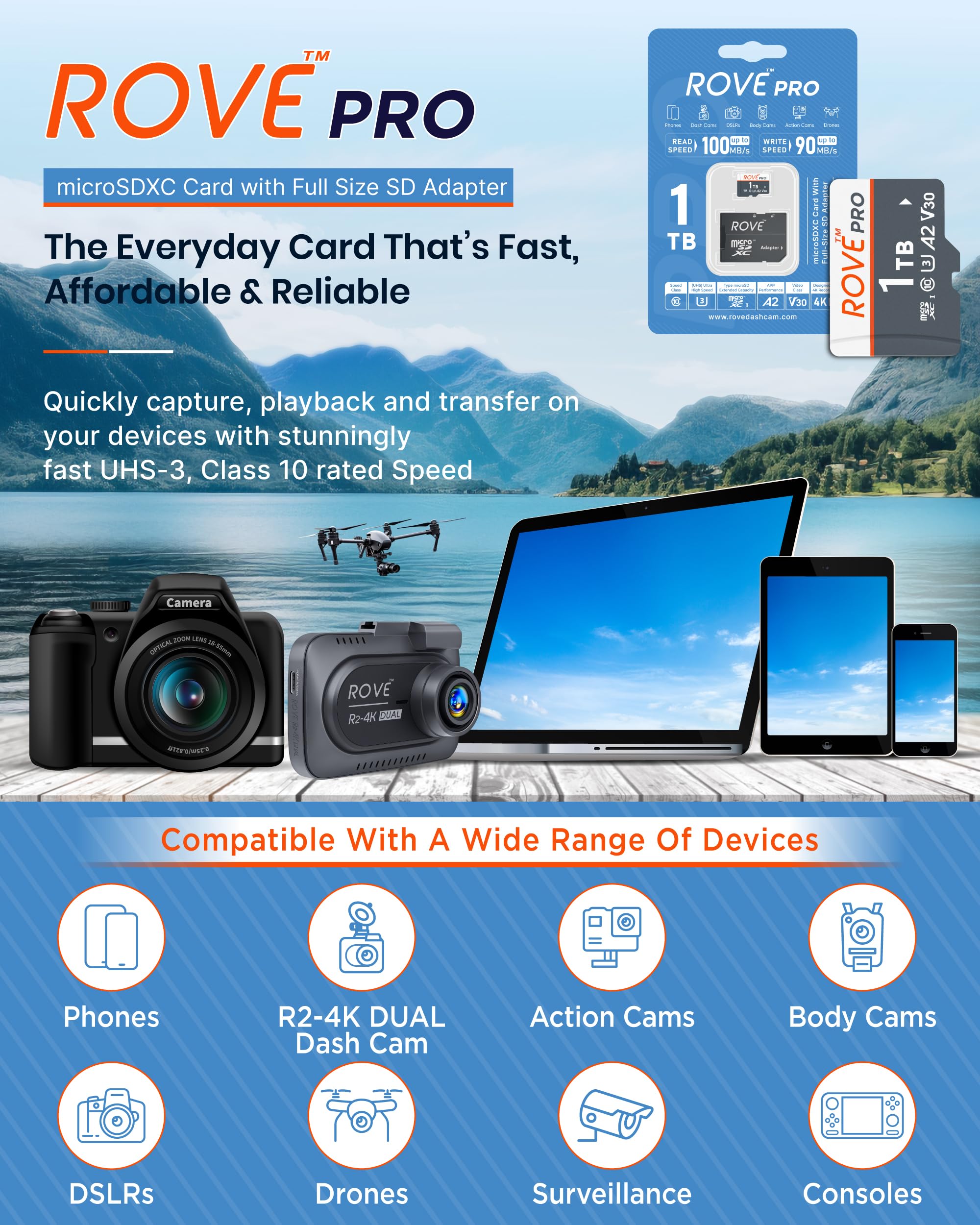 ROVE Scheda di memoria micro SD PRO microSDXC da 1 TB con adattatore SD full-size, velocità di lettura 100 MB/s, C10, U3, V30, 4K, A2 per Dash Cam, smartphone Android, tablet, giochi