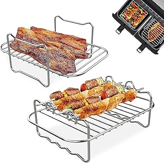 ORZ 2 PCS Air Fryer Rack with 4 Kebab Skewers for Dual Air Fryer, 304 Stainless Steel Airfryer Rack Square, Air Fryer Accessories for Ninja AF300UK/AF400UK Air Fryer, Roasting Oven
