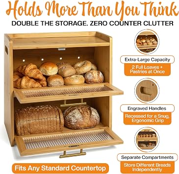 Gennua Kitchen Extra Large Bamboo Bread Box for Kitchen Countertop, Double Layer Wooden Breadbox Holds Multiple Loaves of Homemade Bread, 16.5 Inch Storage Container with Frosted Acrylic Windows