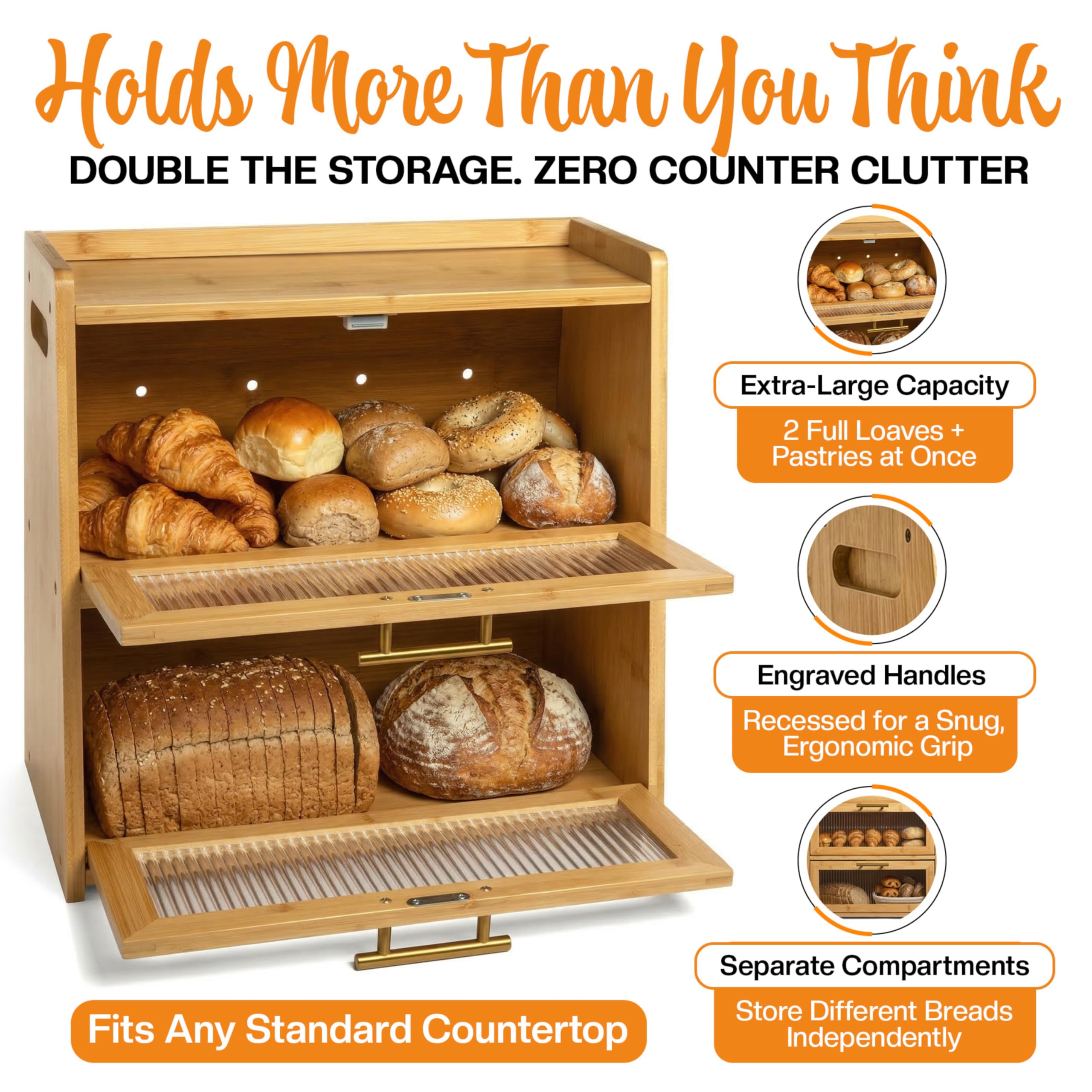 Gennua Kitchen Panera de bambú para encimera de cocina, gran caja de pan de doble capa que proporciona el doble de espacio de almacenamiento de pan, sostiene múltiples panes, duradera y hermosa con