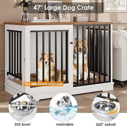 Vista 2 de TTVIEW Mueble de jaula grande para perros de 47 pulgadas, perrera para perros de servicio pesado para interiores con puerta corredera y 2 cuencos