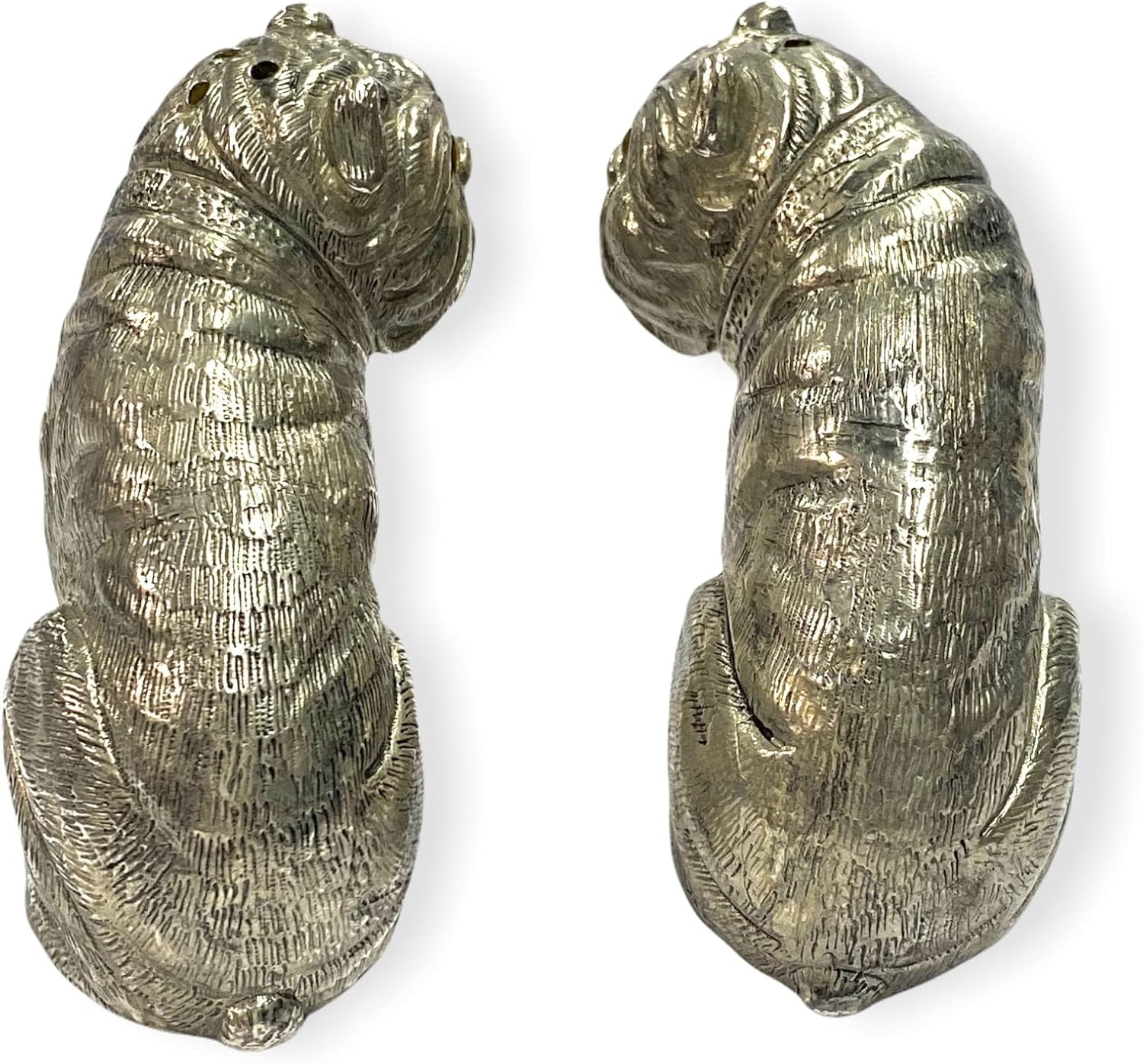 Novelty Style Bulldog Pair with Glass Eyes Salt and Pepper Shaker Pots 925 Silver Plated