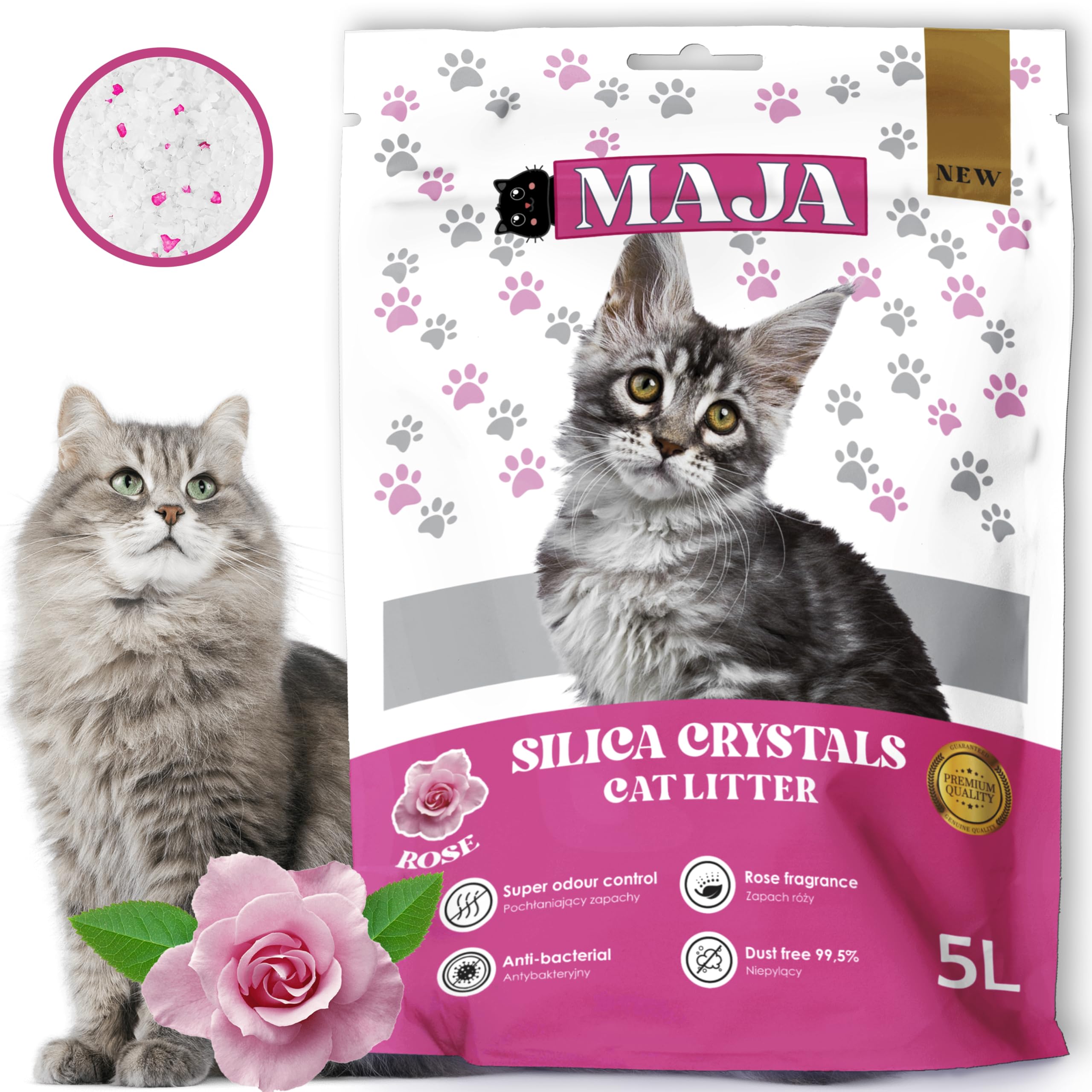 Silikat Katzenstreu mit Rosenduft - 100% Natürliches, Bio, Premium Silica Gel Katzenstreu, Antibakteriell & Staubfrei für Hygienische Katzentoiletten - Umweltfreundlich & Sicher