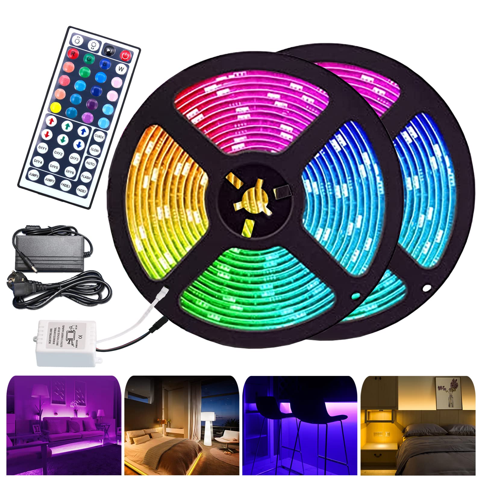 Taśma LED RGB 20 m, 5050 diod LED, z pilotem zdalnego sterowania, 20 zmieniających się kolorów, 8 trybów, samoprzylepna, listwa LED do wnętrz, sypialni, na Halloween, Boże Narodzenie