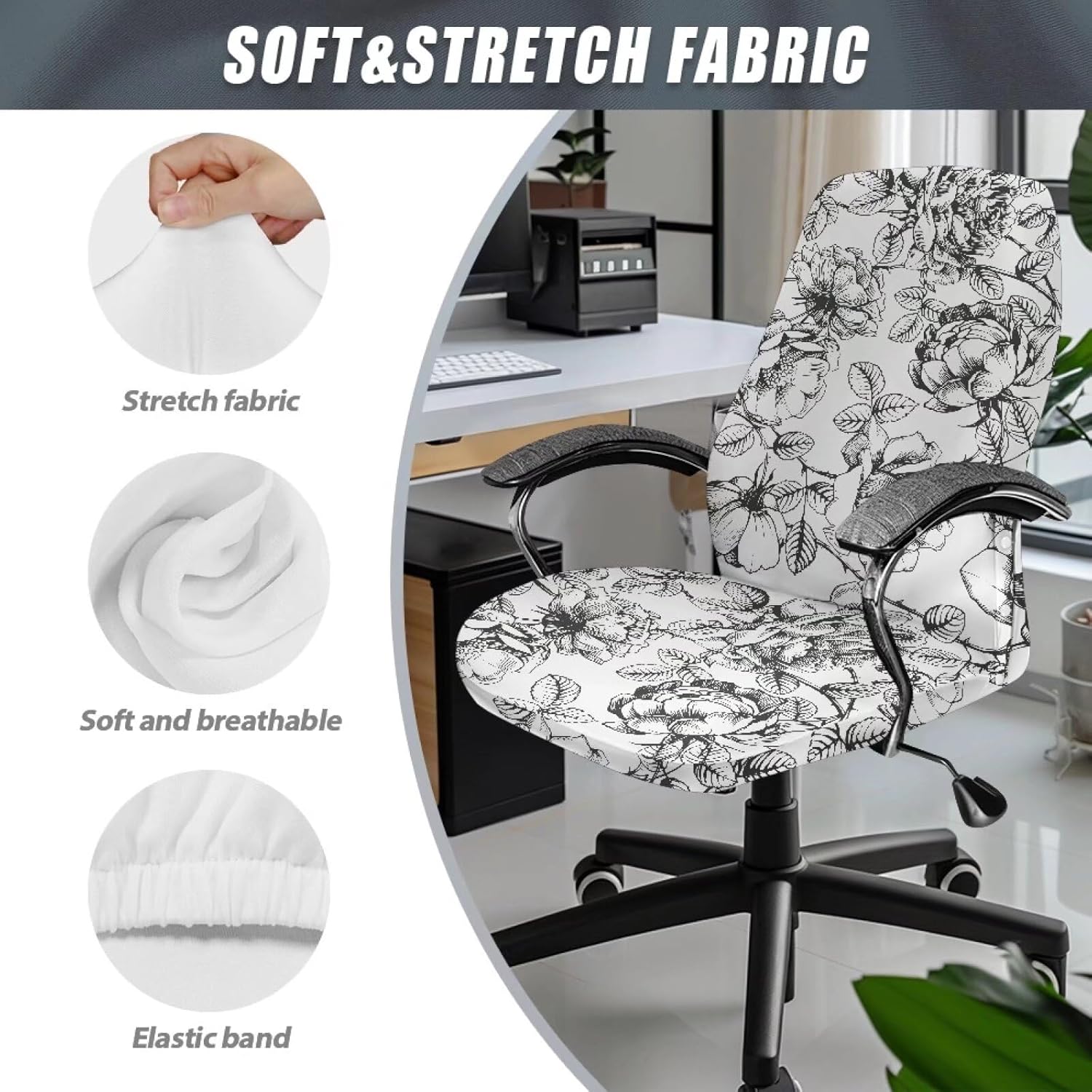 Vintage Sketch Flower Print Stretch Gaming Chair Cover Soft Dustproof Rotating Chair Desk Chair Cover Universal Rotating Chair Slipcovers Protector with Snap Button, L