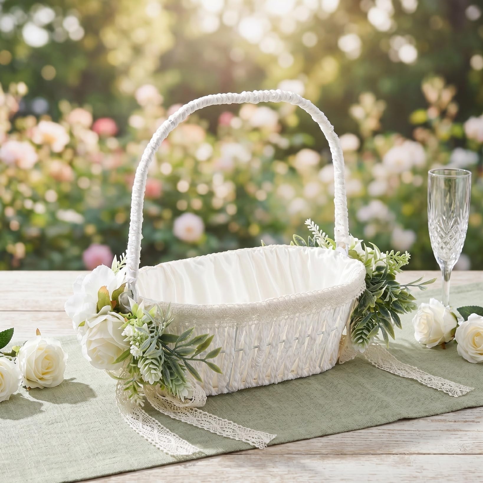 Operitacx Hochzeitskorb für Blumenmädchen, elfenbeinfarben mit handgewebtem Aufbewahrungskorb mit Griff, künstliche Rose, dekorativ für Zeremonie und Partyzubehör, romantisches