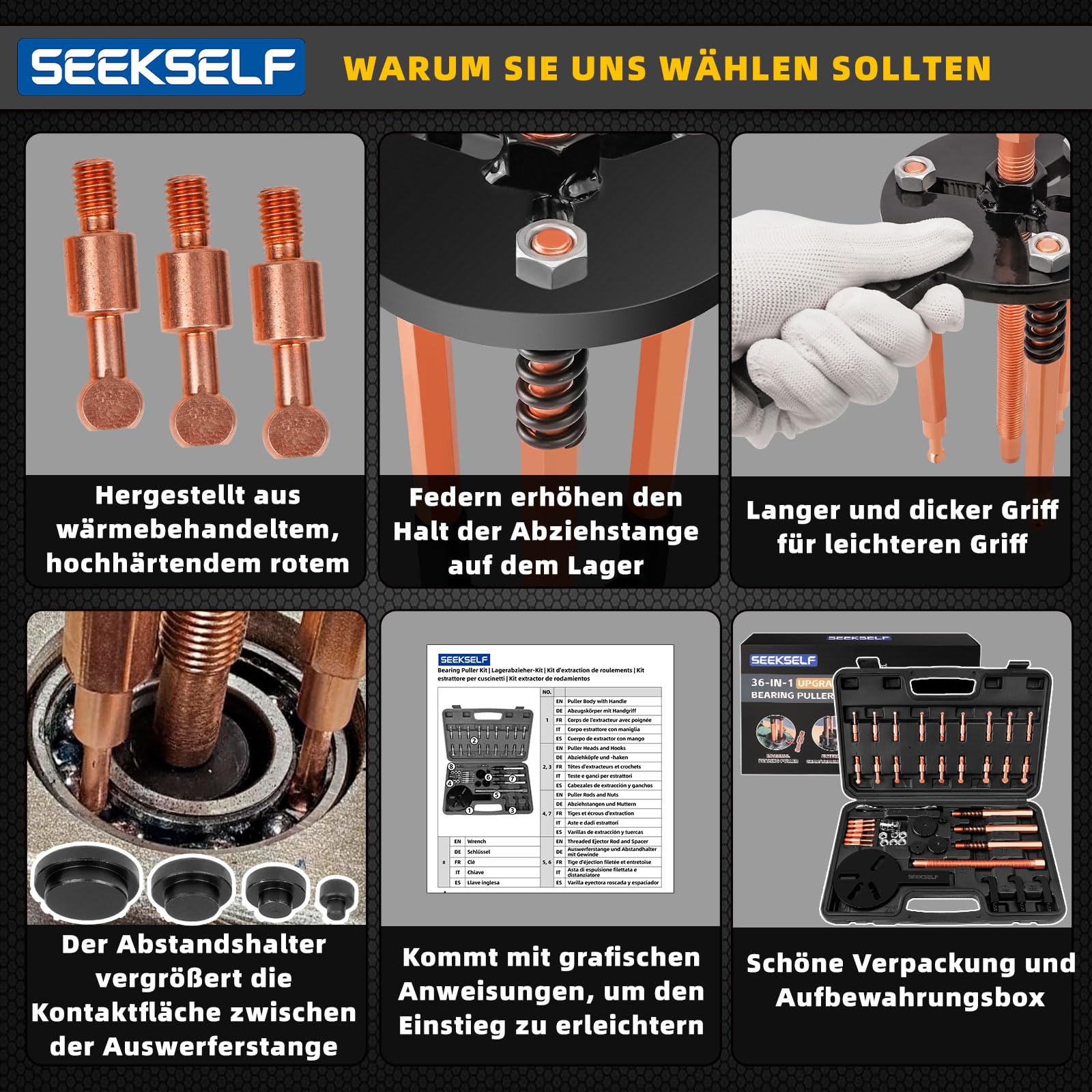 36-in-1 Lagerabzieher Set Innen und Außen, Innenlager Abzieher Lager Werkzeug Trennsatz, Schwarze Plastikbox