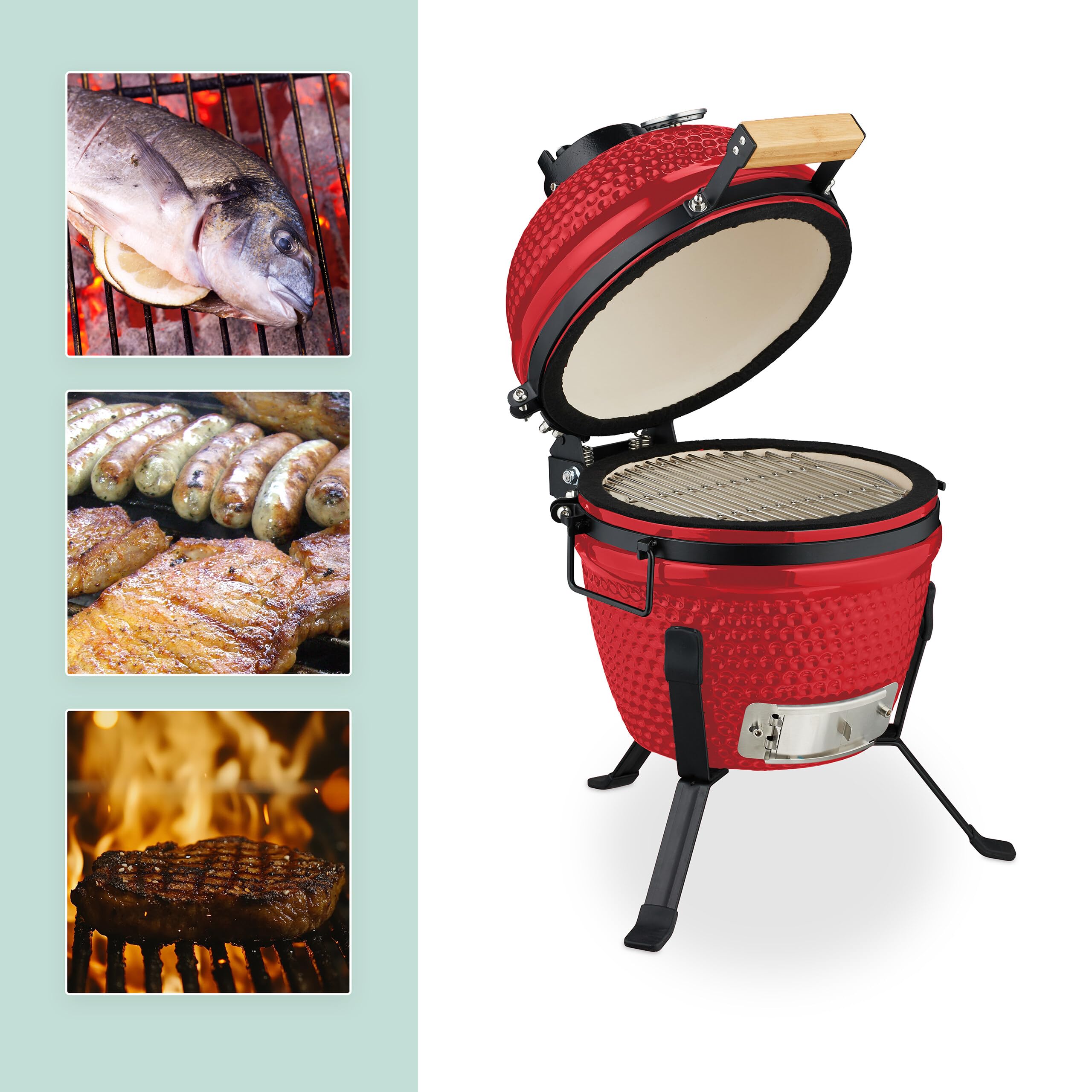 Relaxdays Kamado Grill, Ø 26 cm, japoński grill ceramiczny z termometrem 450°C, grill, wędzarnia, pokrywa, czerwony
