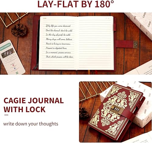 Miniatura 3 de CAGIE Diario con candado para mujeres y hombres, 224 páginas, diario vintage de cuero con cerradura, diario de bloqueo secreto personal recargable