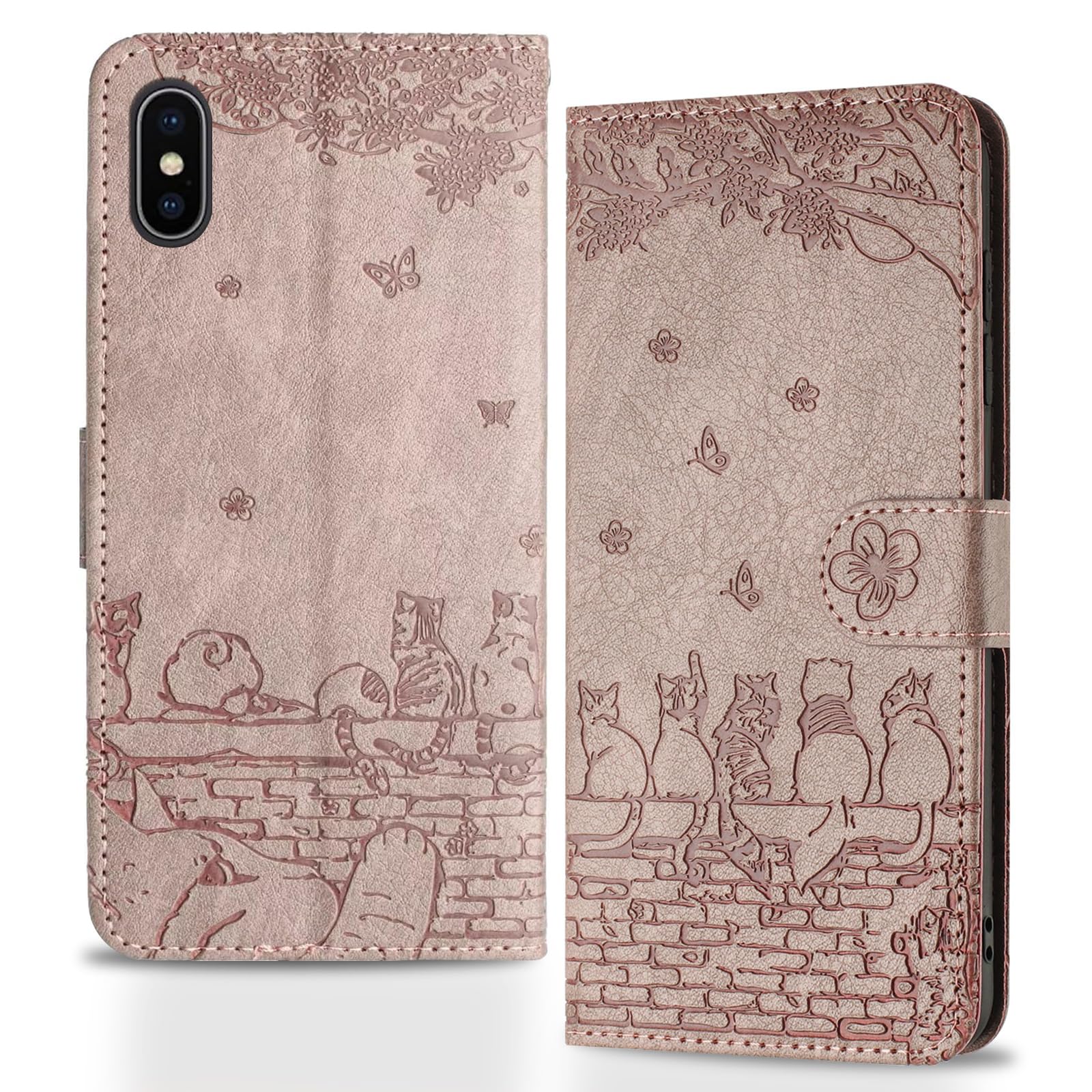 Butnyeoe Cover per iPhone X/XS Libro,Gatti/Fiori Motivo in Rilievo Custodia,PU Pelle Protettiva Portafoglio Flip Wallet Case Con Slot per Schede e Magnetica Supporto,Rosa-Viola