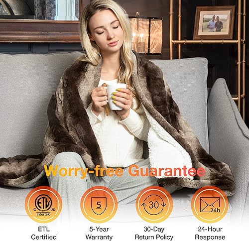 Miniatura 7 de WOOMER Manta térmica eléctrica (50 x 60 pulgadas), manta de calentamiento rápido de piel sintética suave con opción multicolor, 4 niveles de