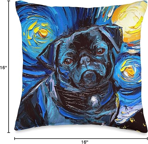 Miniatura 4 de Black Pug Starry Night Cute Little Dog Art by Aja Throw Pillow, 16 x 16 pulgadas, multicolor