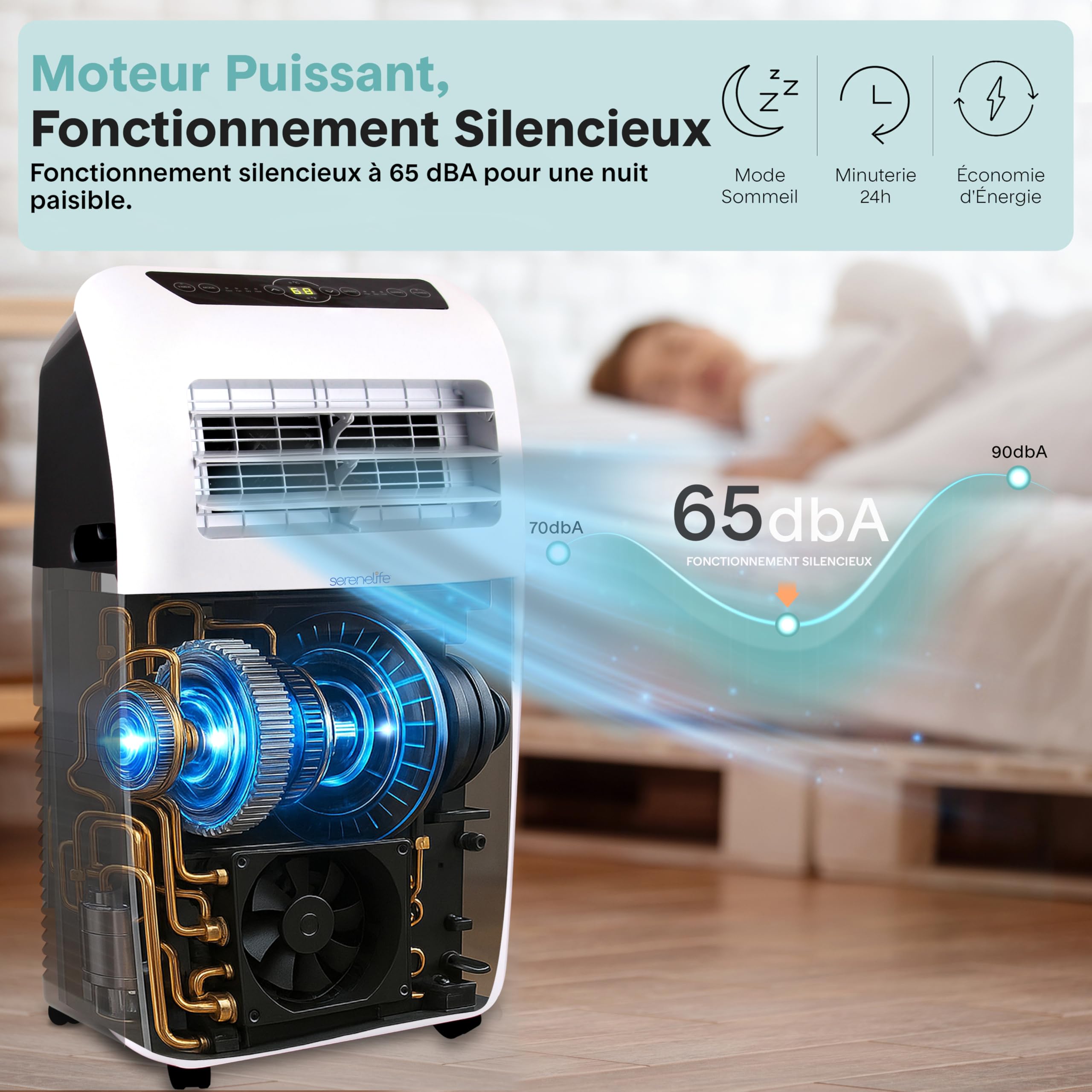 SereneLife Climatiseur Mobile 9000 BTU avec Chauffage – Climatiseur Réversible Portable 4 en 1, jusqu’à 41 m², Déshumidificateur, Ventilateur, Télécommande, Kit Fenêtre, Blanc