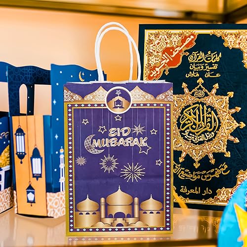 Miniatura 4 de PEUTIER 12 bolsas de regalo de Eid Mubarak con asa, bolsas de regalo de Ramadán azul dorado para Ramadán, bolsas de papel musulmán Eid Al-Fitr para