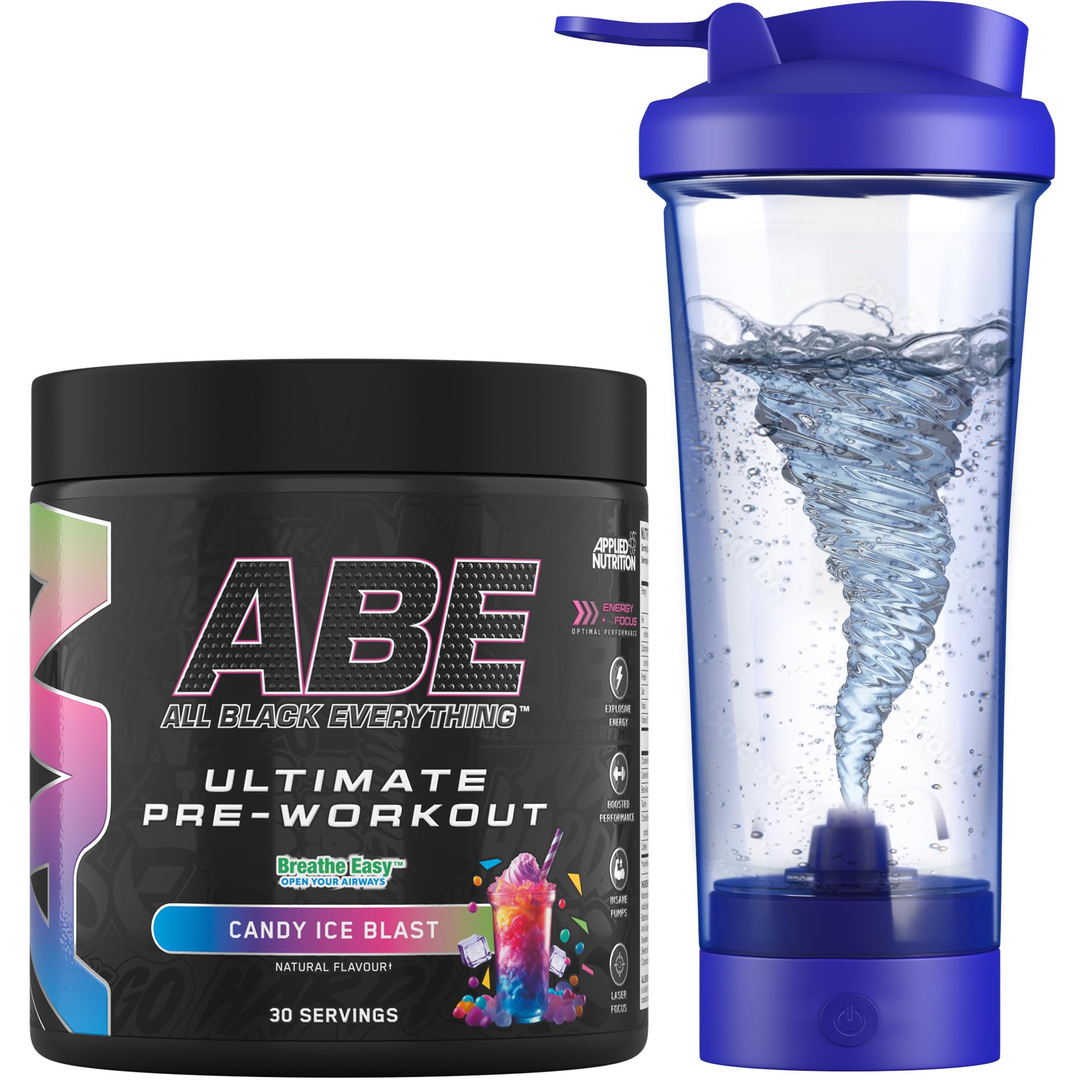 Applied Nutrition Bundle ABE Pre Workout 375g + Electric Shaker | All Black Everything Pre Workout Powder, Energy Drink, Physical Performance, Creatine, Beta Alanine, Caffeine (Candy Ice Blast)