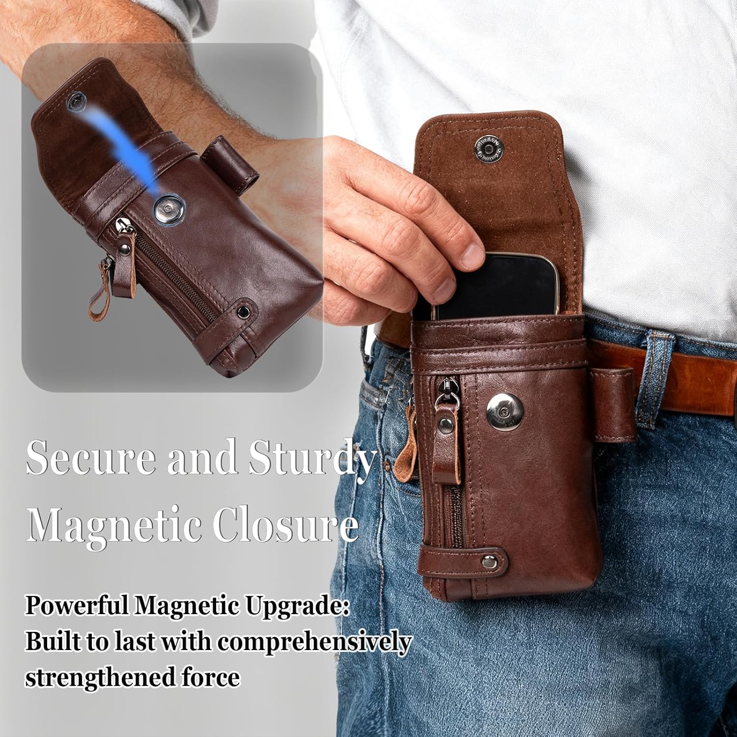 Leather Phone Holster - Genuine Full-Grain Buffalo Leather Cell Phone Holsters - for iPhone 16, 15, 14, 13pro, Galaxy S24, S23, S22 (Coffe, Medium)