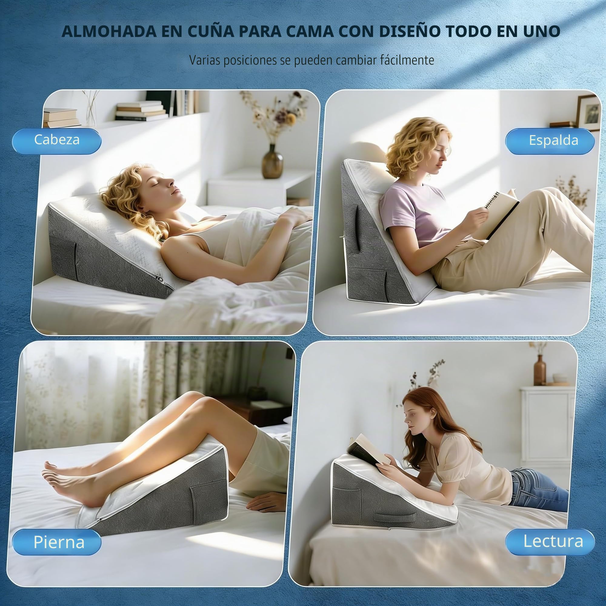 Cojín de cuña para cama y sofá, cojín de lectura doble para cojín de espalda, elevador de cama, cojín de apoyo lumbar, cojín de lectura de espuma de alta densidad para espalda, piernas y