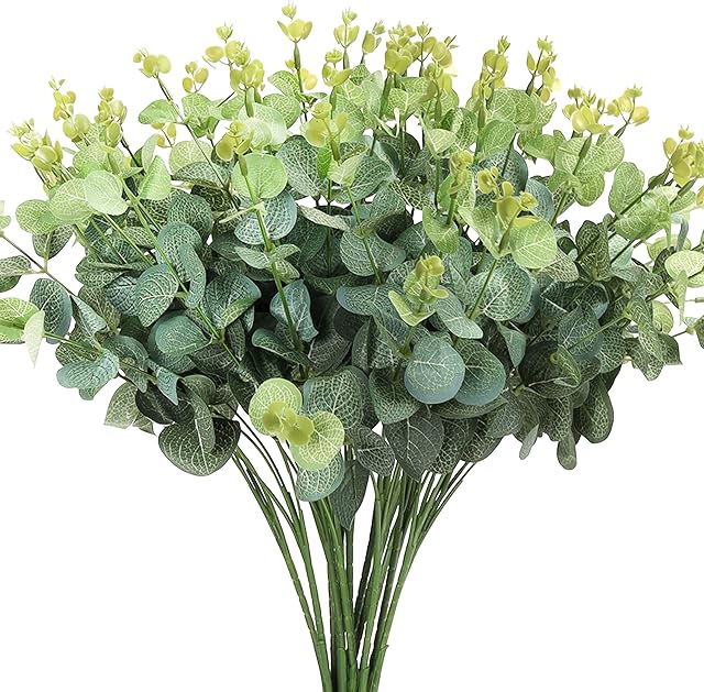 BELLE VOUS 4 Pack Plastic Artificial Eucalyptus Plants - Outdoor/Indoor Fake Faux Greenery Flowers for Home, Garden, Wall Basket, Bushes/Shrubs, Wedding Garland and Office Decor