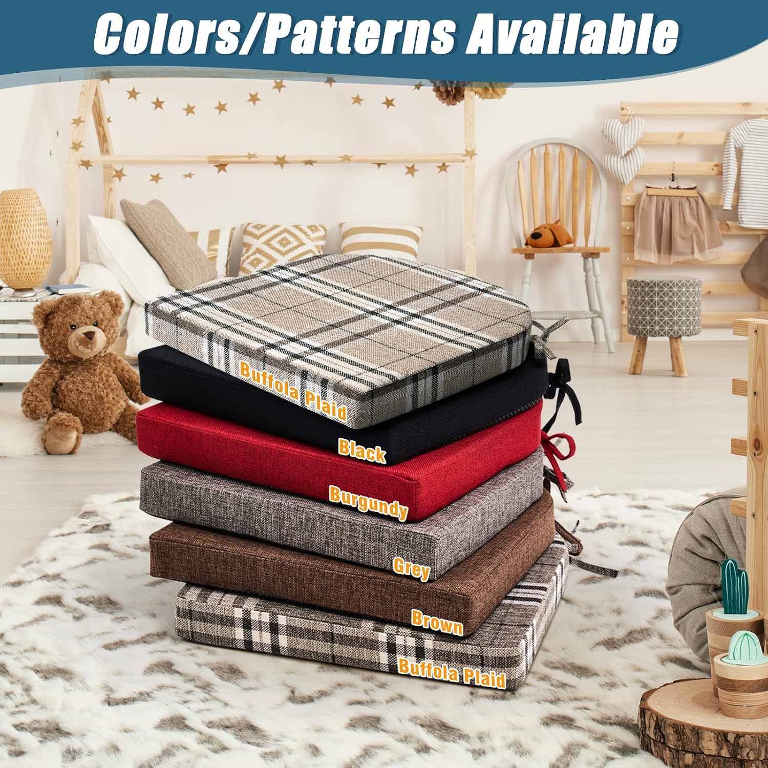 Chair Cushions for Dining Chairs 4 Pack, Foam Chair Cushion with Ties and Non Slip Backing, 16 x 16 inches Beige Buffalo Plaid Chair Pads for Dining Chairs