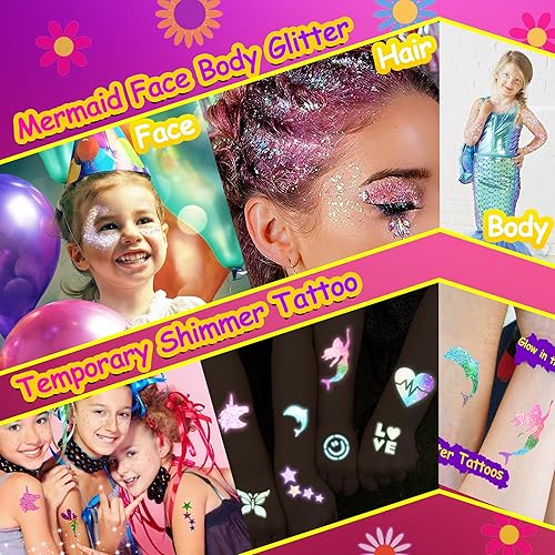 Miniatura 6 de Kit de tatuaje temporal brillante para niños, tatuaje con purpurina y arte corporal con purpurina de sirena para niñas, brilla en la oscuridad,