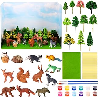 AceOrbit 74 Pcs Forest Diorama Supplies Kit Forest Woodland Animals Figures Set Artificial Model Trees Fake Moss DIY Christmas Painting Kits with Diorama Box for Projects, Model Train Scenery