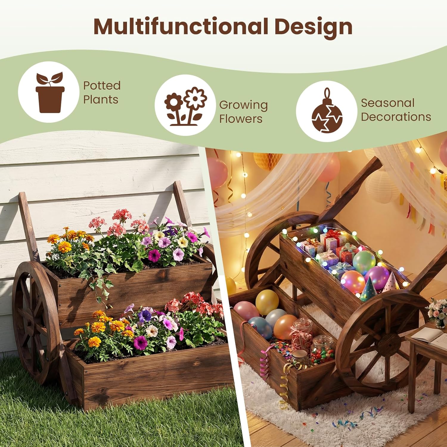 Giantex Wooden Wagon Planter Box, Rustic Garden Planter with Wheels, Handles & Drainage Holes for Flowers Herbs Vegetables, Indoor Outdoor Decorative Flower Cart for Patio Balcony (1)